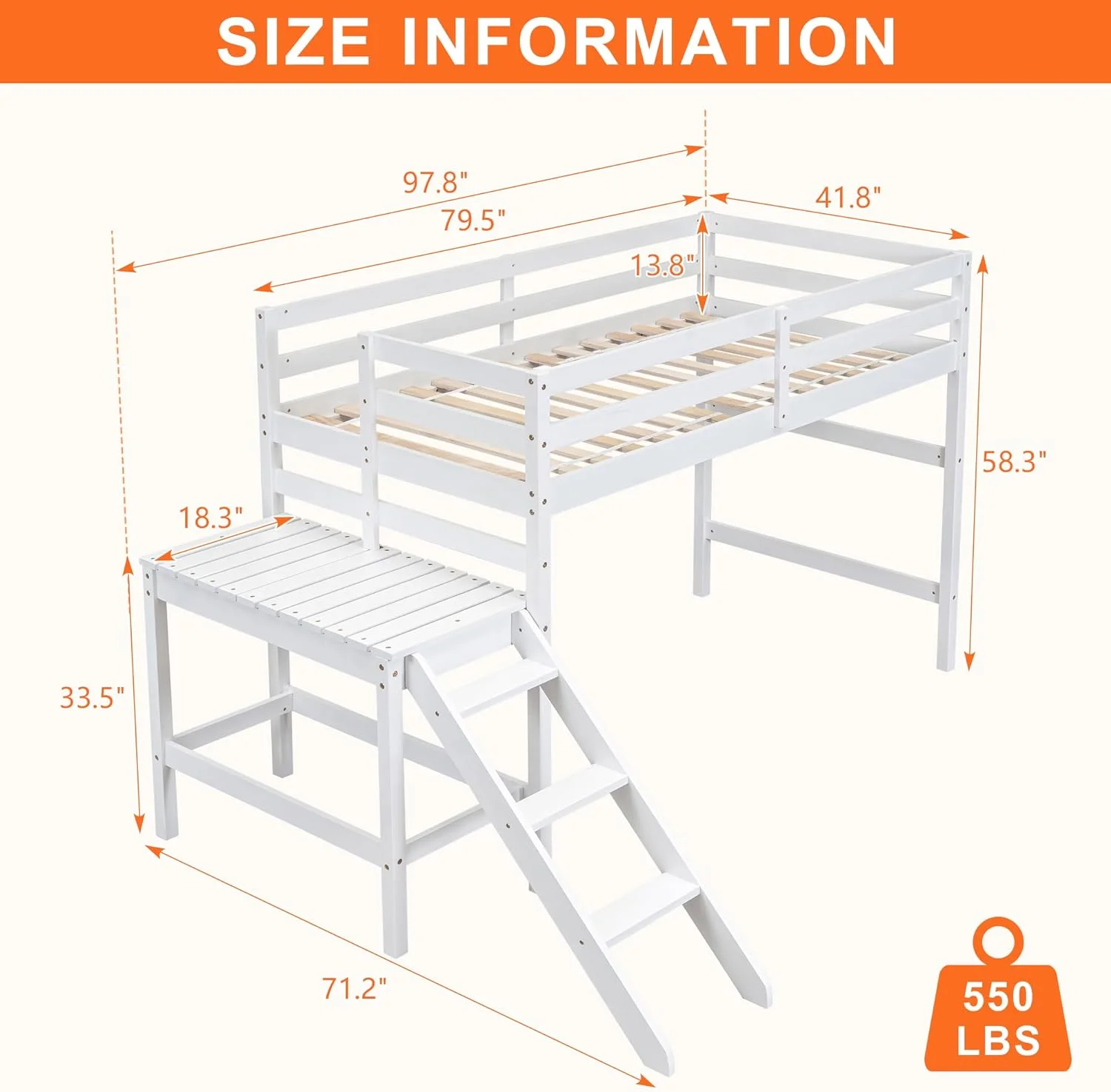 Loft Bed With Platform, Woode Low Height Loft Bed Frame With Ladder, Metal Loft Bed Frame For Kids Tees Adults, Size For Bedrooms, White