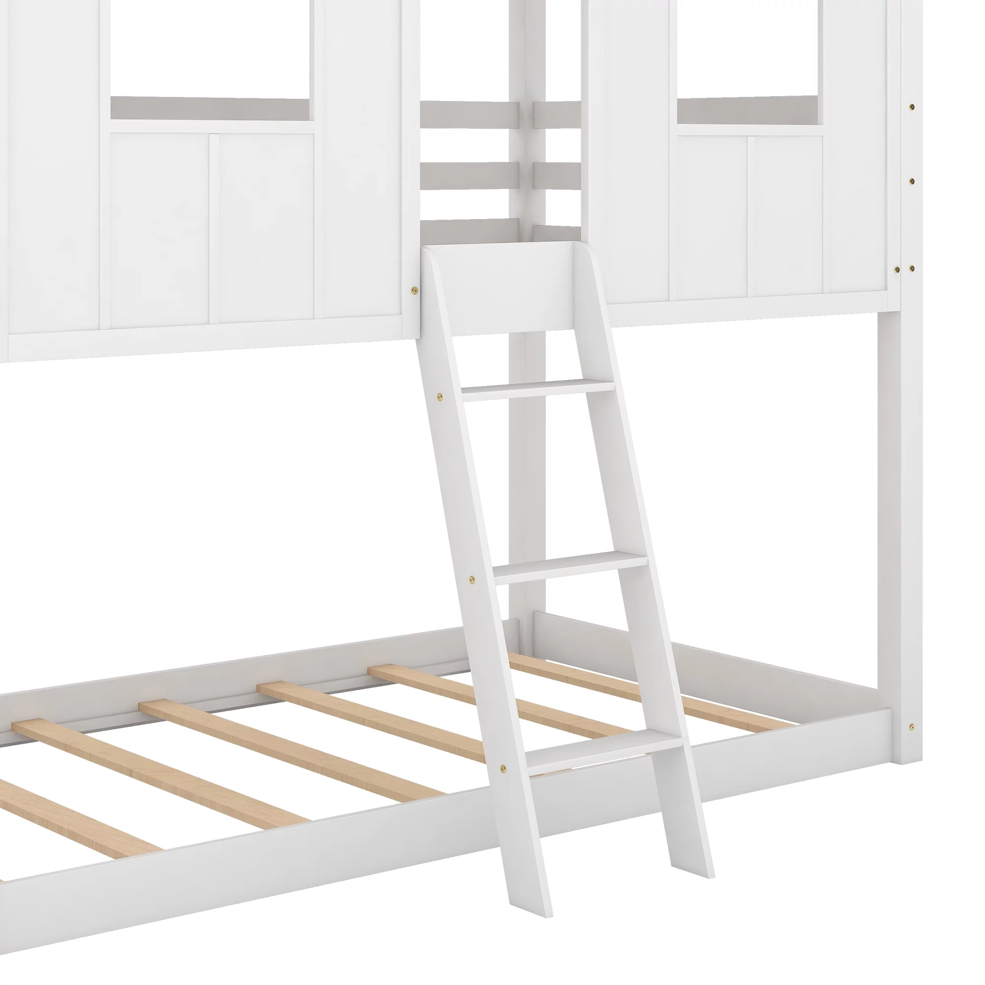 Artlia Twin over Twin Size Low Bunk Beds with Roof and Fence-shaped Guardrail, White
