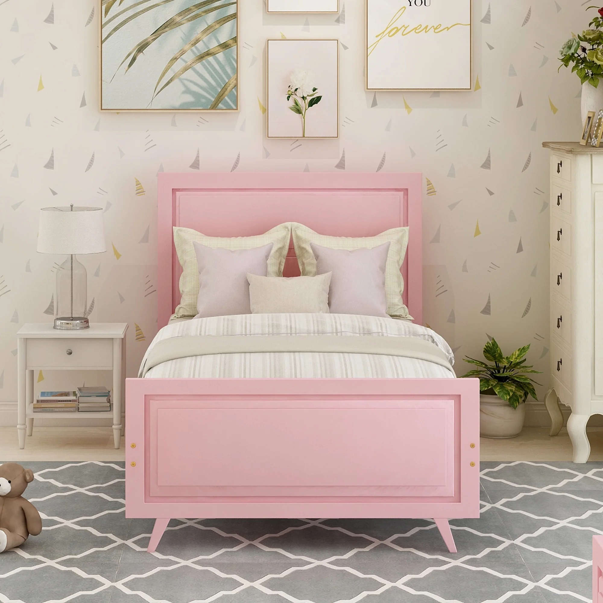 Twin Size Wood Platform Bed with Headboard No Box Spring Needed Wood Slat Support Easy Assembly