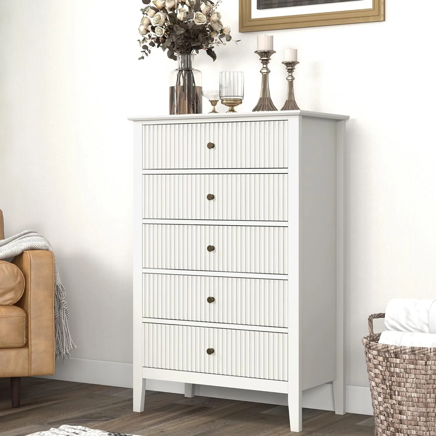 CozyHom 5 Drawers Tall White Dresser Cabinet, Wood Storage Cabinet Organizer for Living Room, Nursery, Hallway, Entryway, White