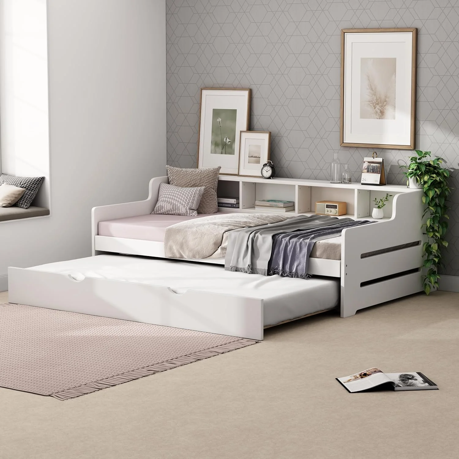 Size Daybed With Trudle, Wood Daybed With Bookcase Headboard, Platform Bed With Storage Shelves Ad Trudle For Kids Tees Adults, White