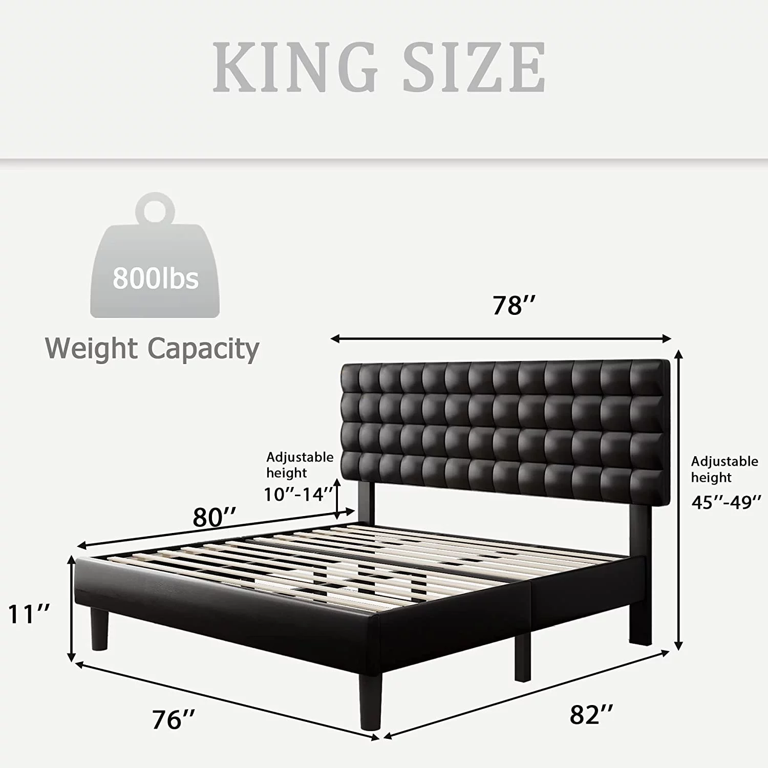 Size Platform Bed Frame  Faux Leather Upholstered Bed Frame with Square Tufted Headboard  Wood Slats Support  No Box Spring Needed  Easy Assembly  Black