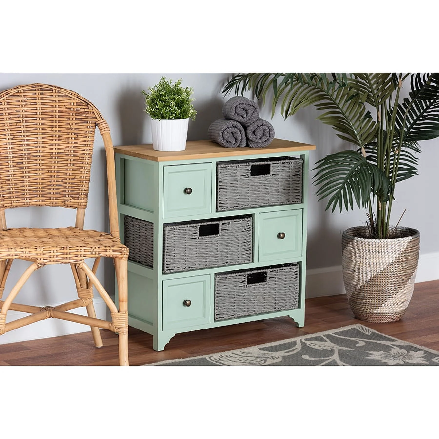 Baxton Studio Valtina Modern and Contemporary Two-Tone Oak Brown and Mint Green Finished Wood 3-Drawer Storage Unit with