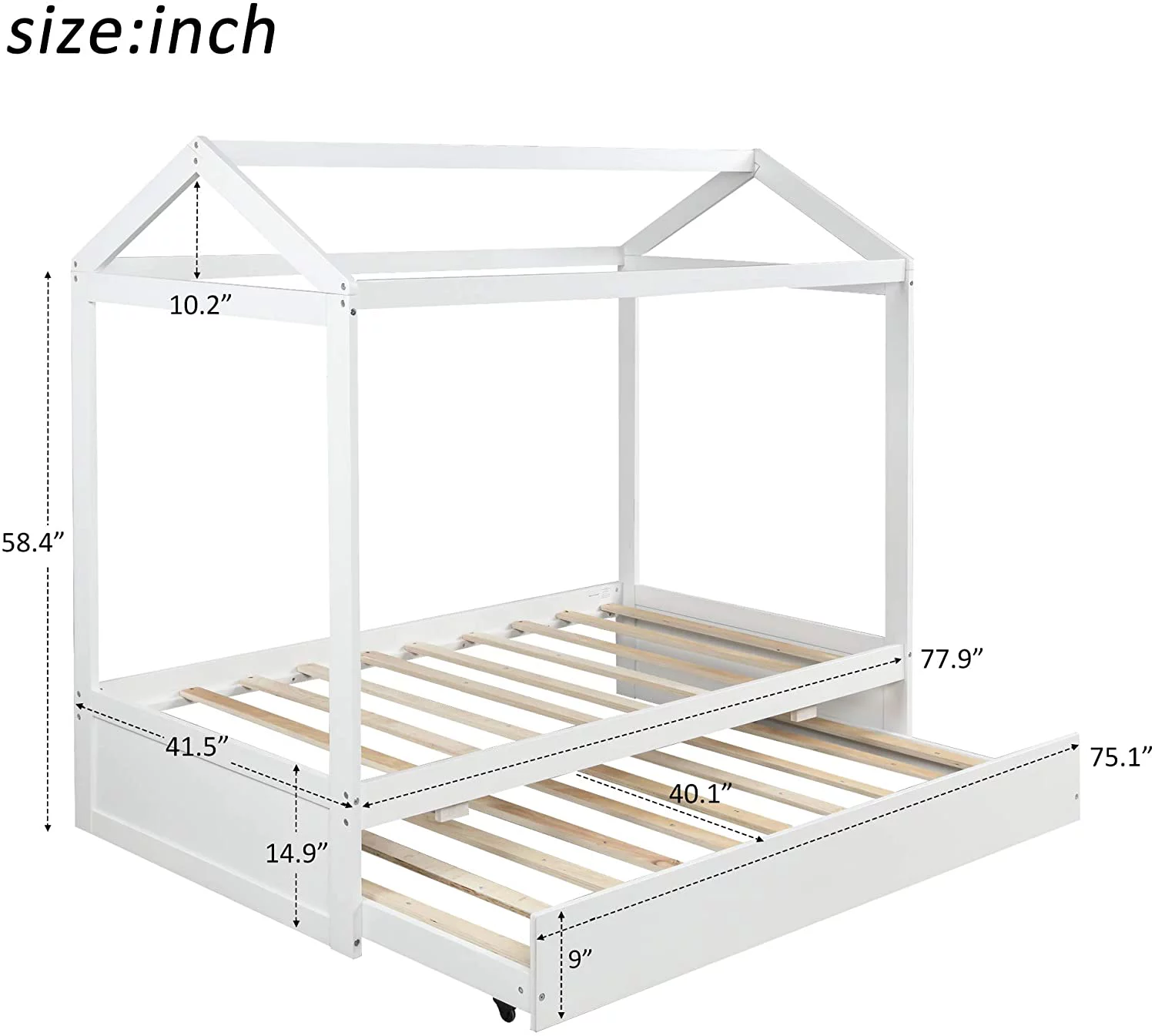 YOJFOTOOU. House Bed , Bed Frame Twin with Trundle and Roof, Toddler Daybed Twin, Children's Bed, No Box Spring Needed ,White