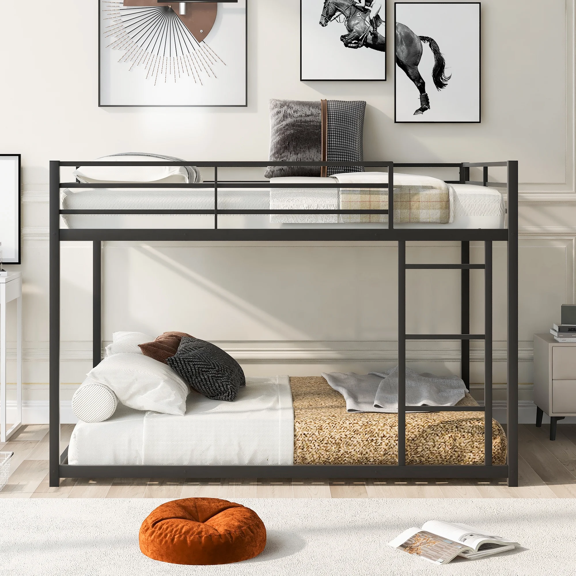 Full over Full Low Bunk Bed with Ladder Metal Bunk Bed Heavy Duty Bed Frame with Safety Guard Rails & Flat Ladder for Kids Teens Adults