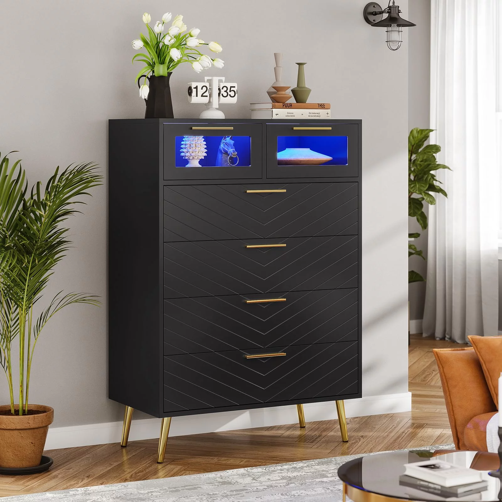 Dresser Chests of Drawers with LED Lights for Bedroom, Black 6 Drawer Dresser Wide Storage Organizer for Closet Living Room