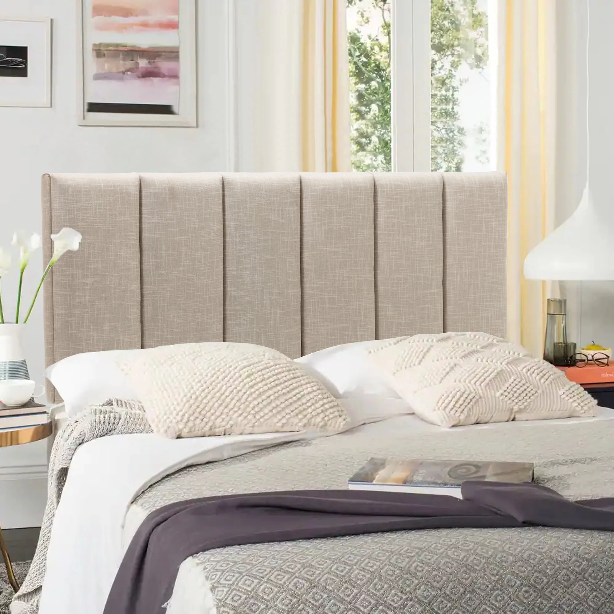 Andeworld Upholstered Headboard King Foldable Headboard for King Bed Adjustable Height Oatmeal