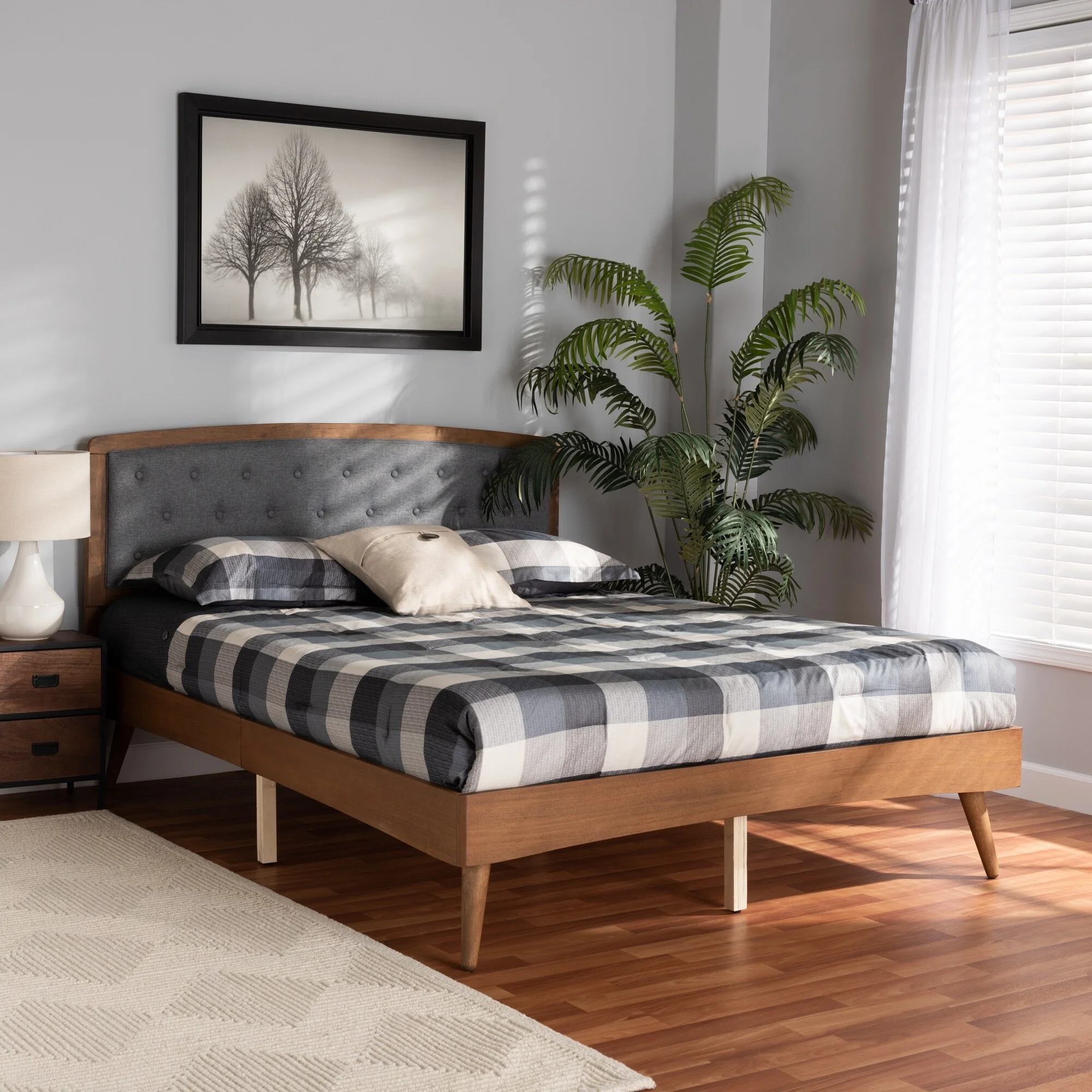 Baxton Studio Ratana Mid-Century Modern Transitional Wood Platform Bed-Grey King