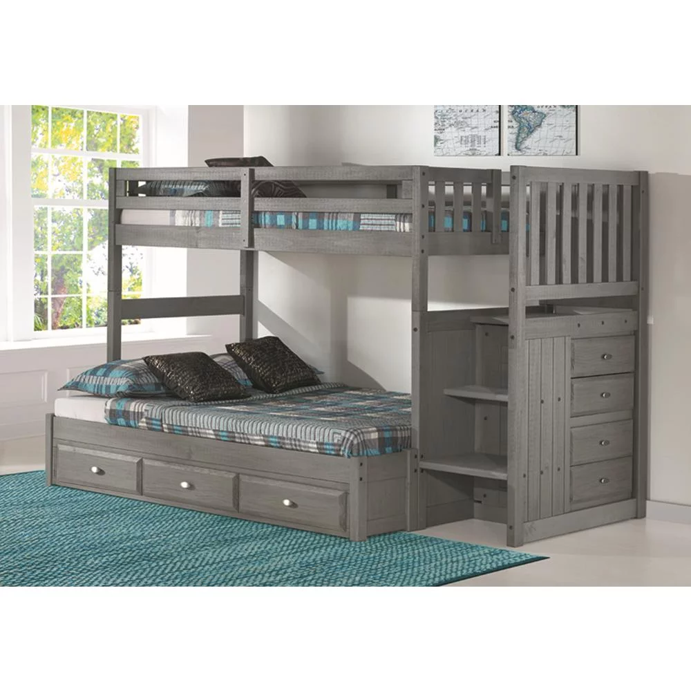 Solid Pine Staircase Twin over Full Bunk Bed with Seven Drawers in Charcoal Gray