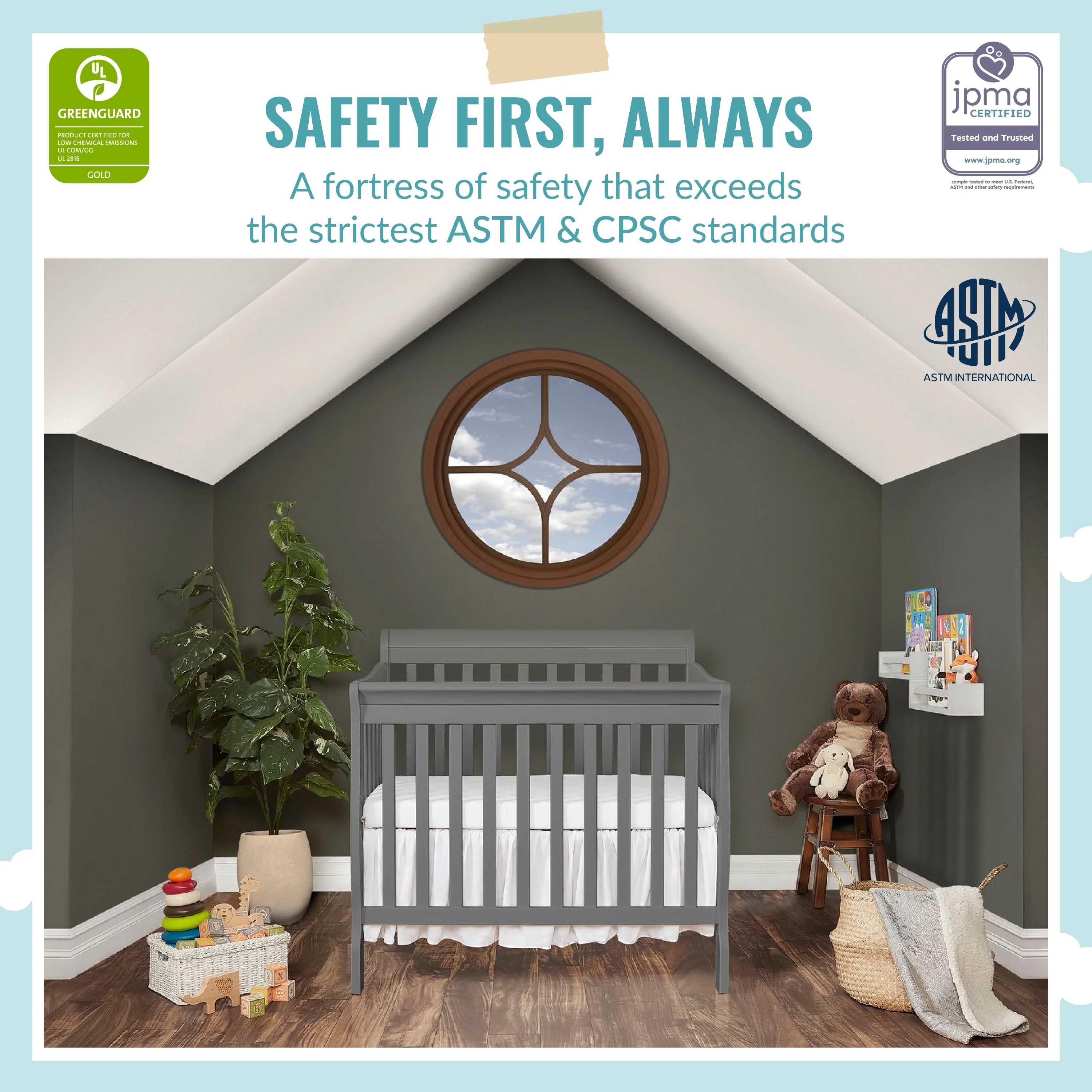 Dream On Me Aden 4-in-1 Convertible Mini Crib In Storm Grey, Greenguard Gold Certified