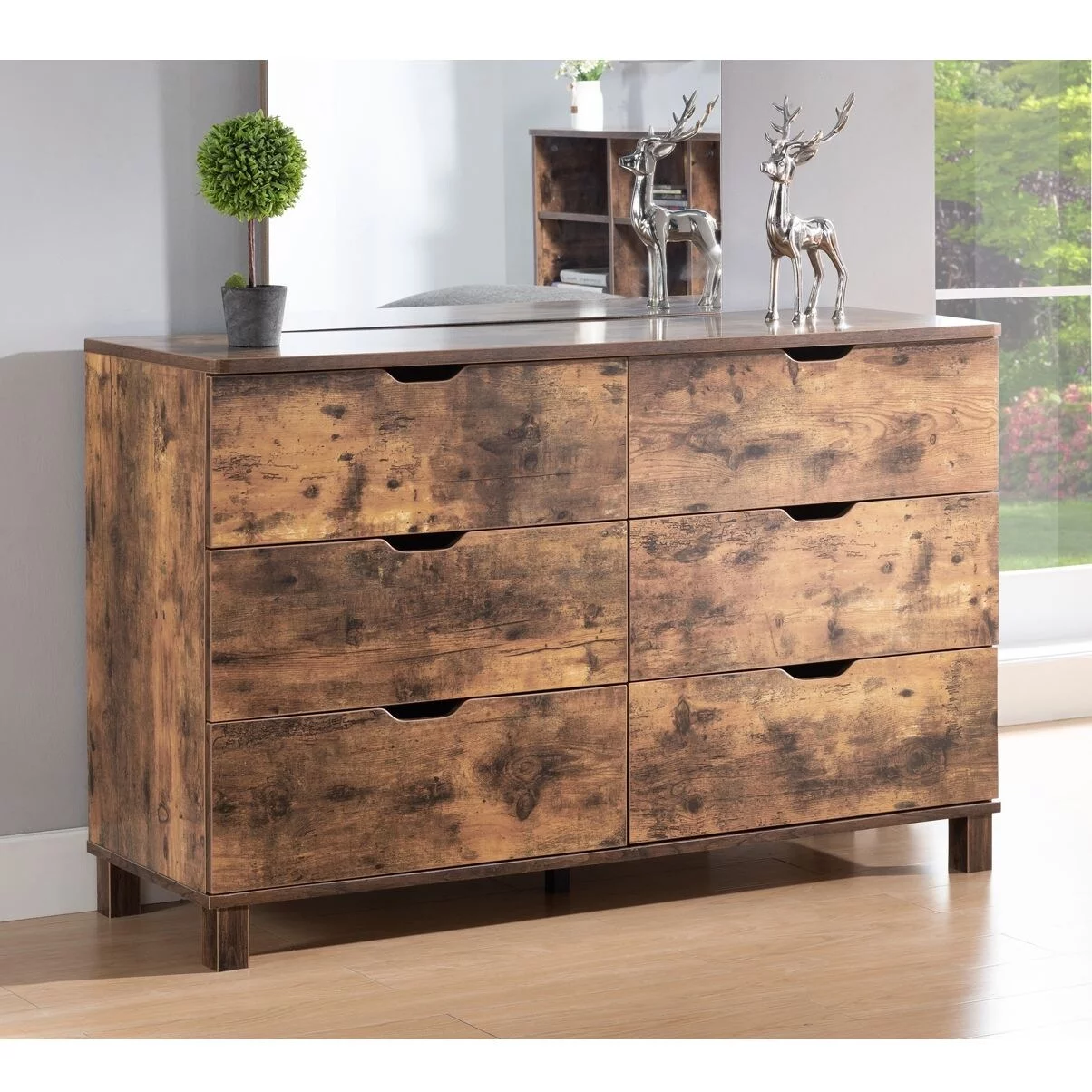Q-Max Wooden Six Drawers Dresser For Bedroom Distressed wood