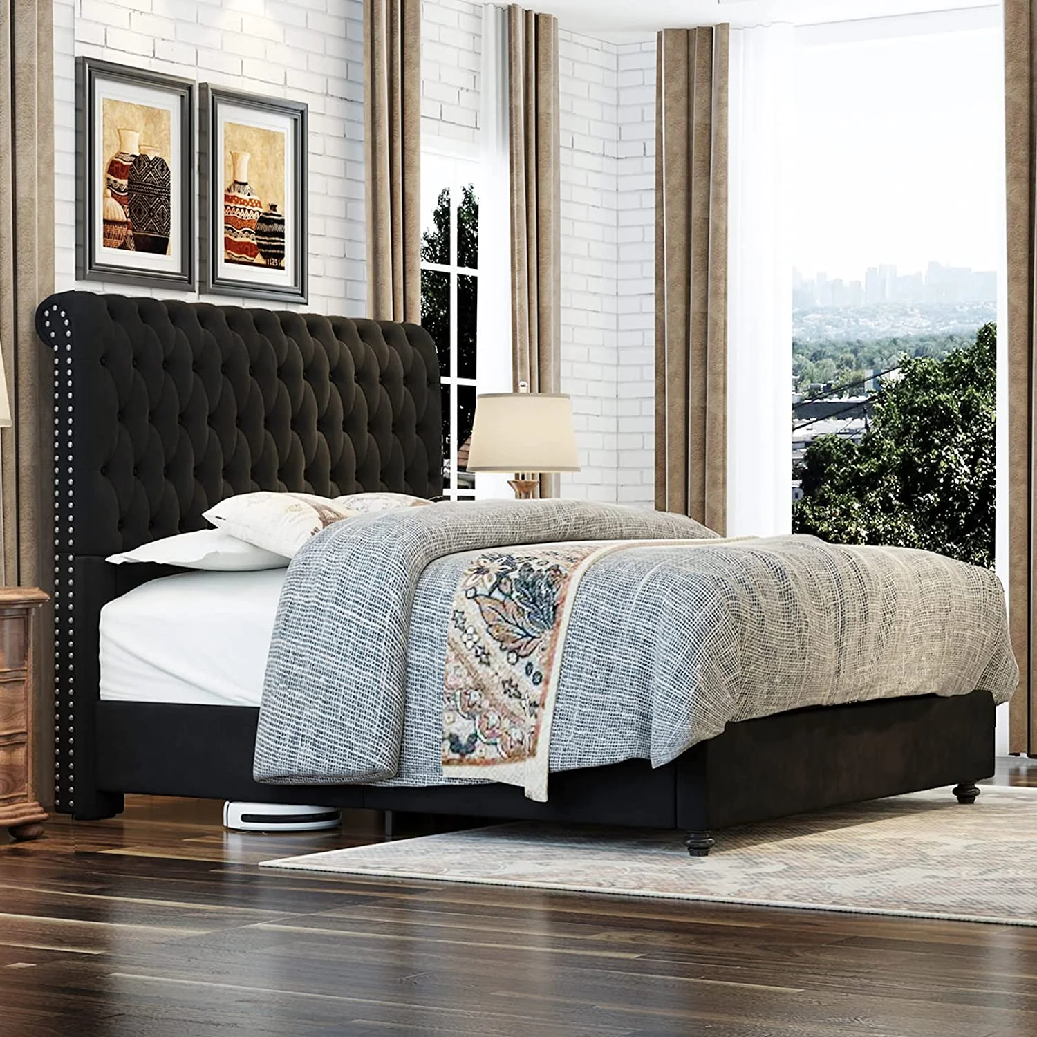 Platform Bed Frame King Size Velvet Upholstered Sleigh Bed Button Tufted Headborad/No Box Spring Needed/Black
