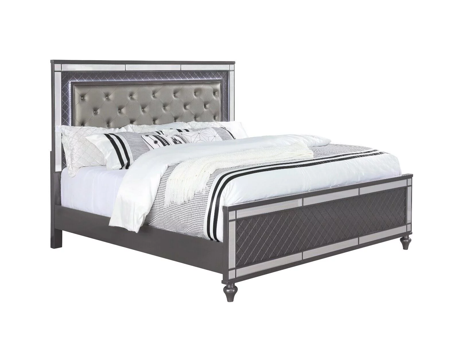 6pc Modern Glam Style LED HB Gray Charcoal Finish King Size Panel Bedroom Set Solid Wood Furniture