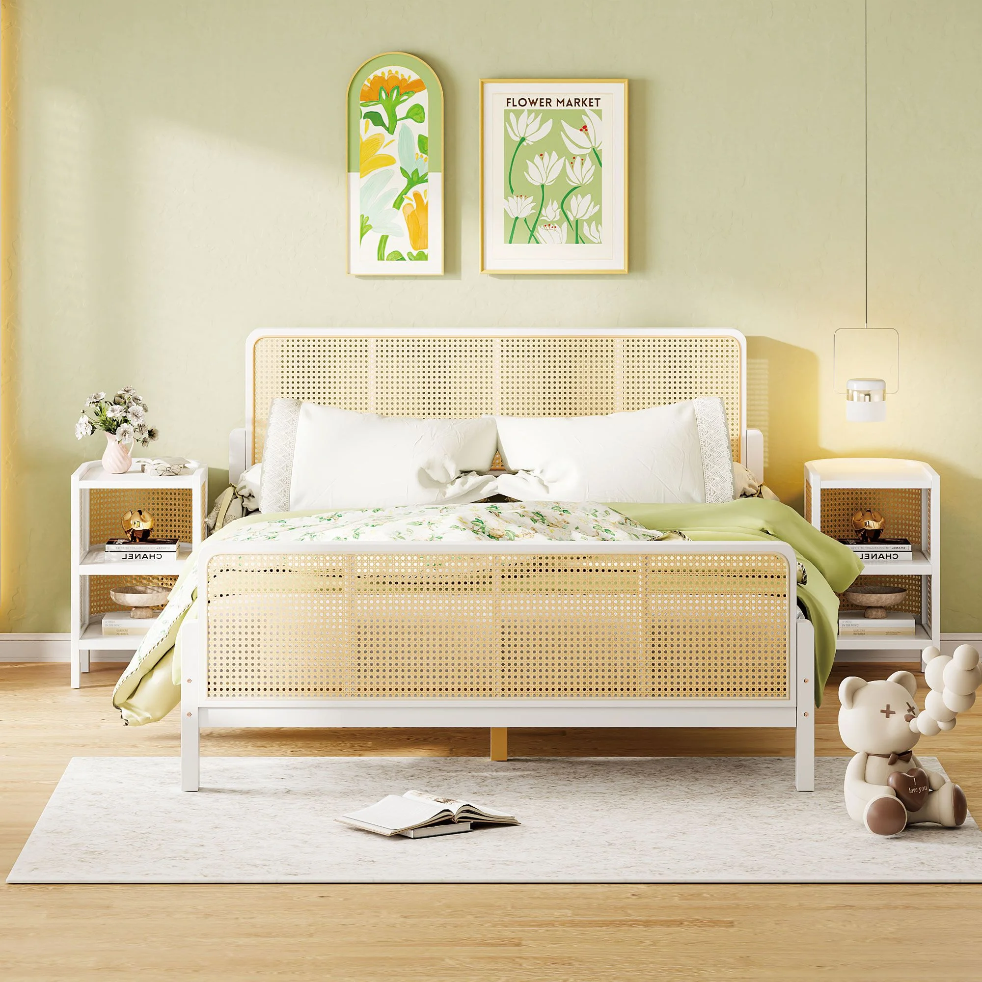 Aukfa Full Size Platform Bed with 2 Nightstands, 3 Pieces Rattan Bedroom Sets, White