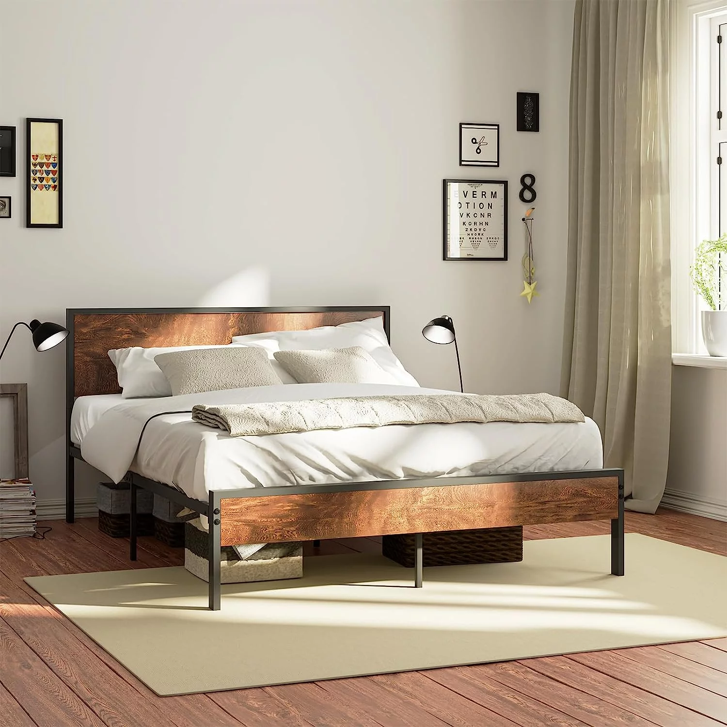 Queen Metal Bed Frame with Headboard and Footboard,Platform Bed Frame 12 Inch Queen Size Bed for 1100 lbs, Durable Industrial, Non-Slip Without Noise,No Box Spring Needed,Easy Assembly,Brown