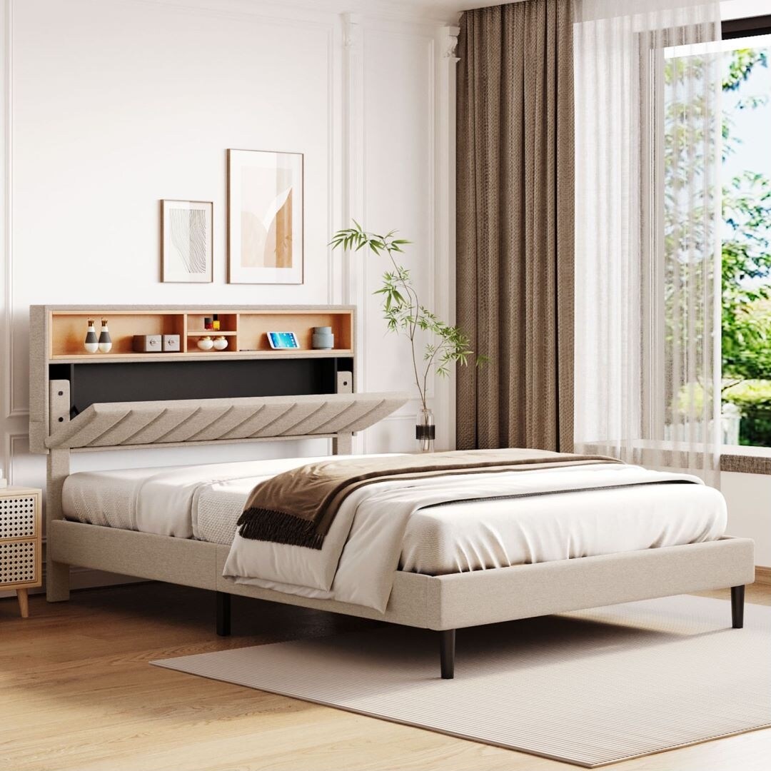 Queen Size Platform Bed Storage Shelf Headboard Socket with USB Port
