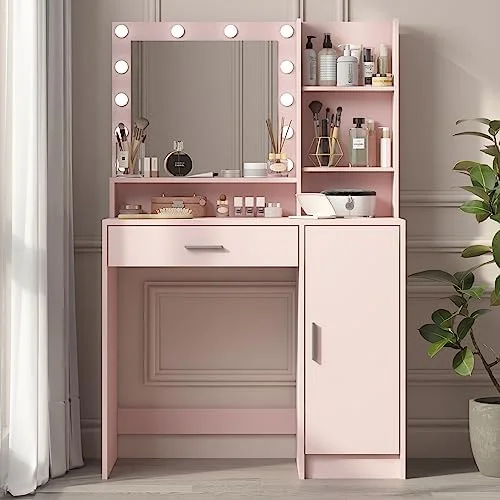HBBOOMLIFE Vanity Desk with Mirror & Light Large Drawer & Three Level Dresser 3 Lighting Modes Adjustable Brightness Bedroom Dressing Table (White)