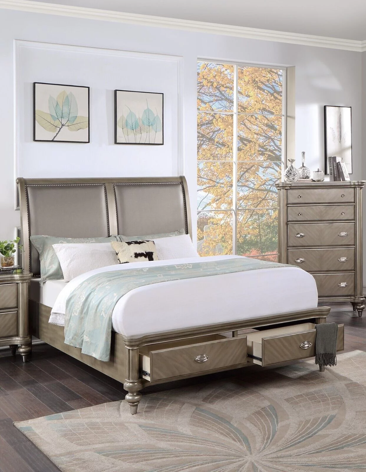 Eastern King Size Bed w/2 Underbed Drawers 1pc Set Bedroom Furniture Luxury Classic Grey Finish Wooden Bedframe