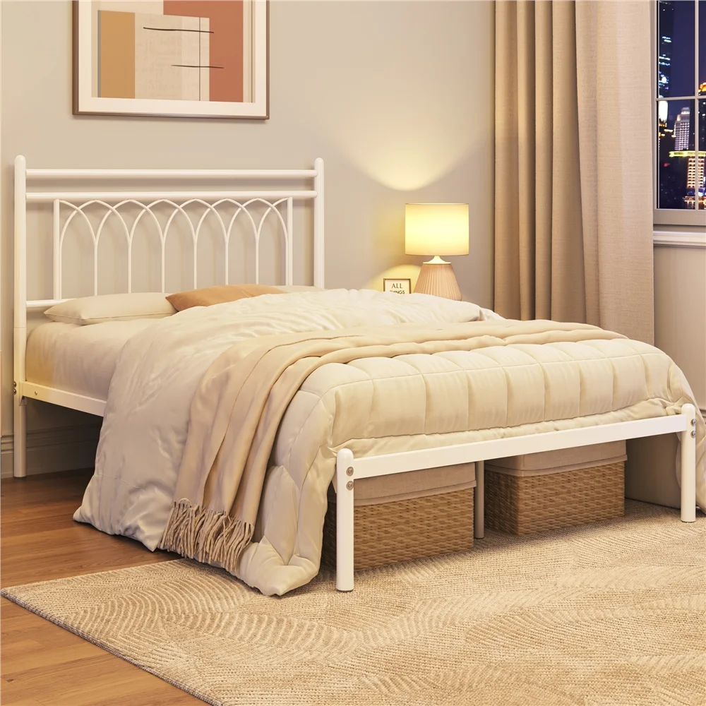 Renwick Modern Metal Platform Bed with Petal Accented Headboard, Full, White