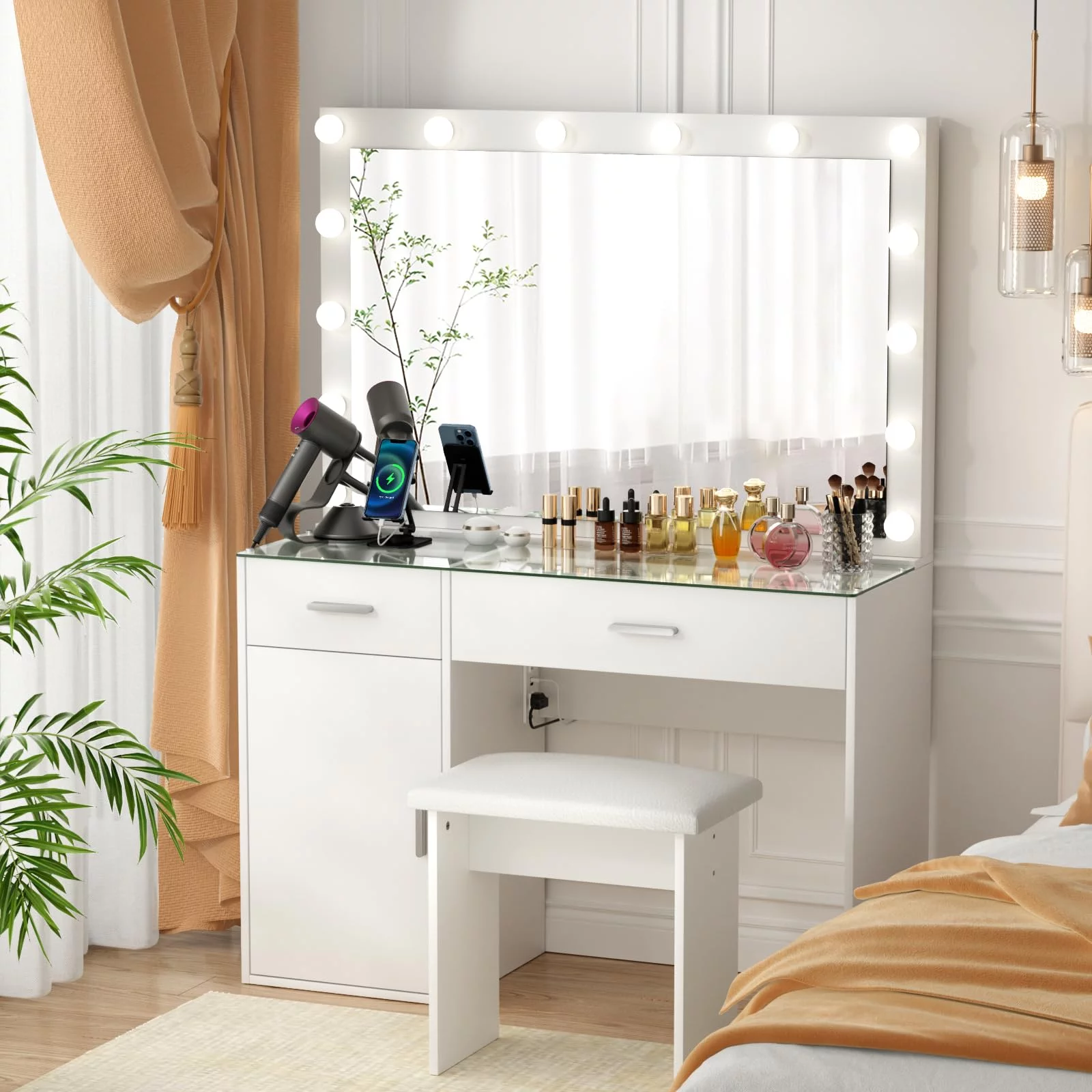 RichYa Makeup Vanity Desk Glass Table Top with Mirror and Lights Power Strip LED Bulbs White