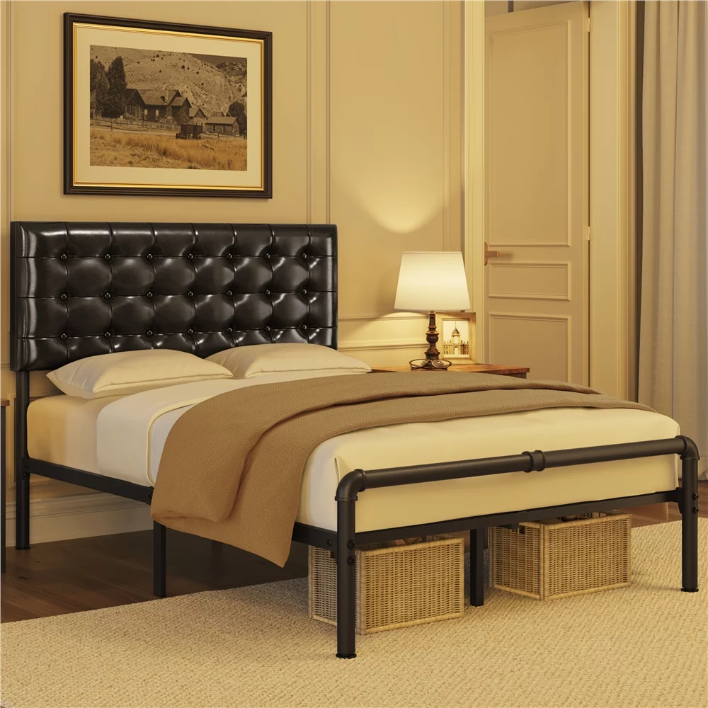 Yaheetech Metal Platform Bed Frame with Upholstered Headboard, Full , Elegant Black