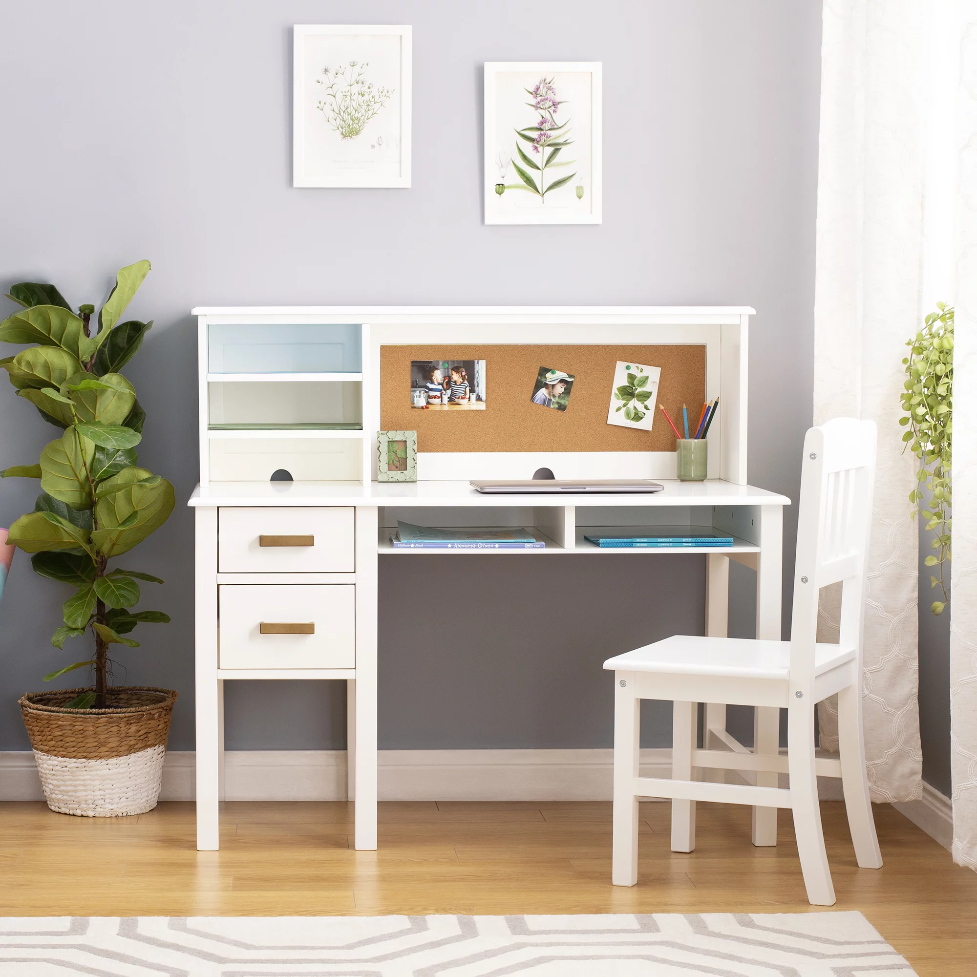 Guidecraft Taiga Desk, Hutch and Chair - White: Student's Study Computer Workstation with Multiple Storage Cubbies & Two Spacious Drawers
