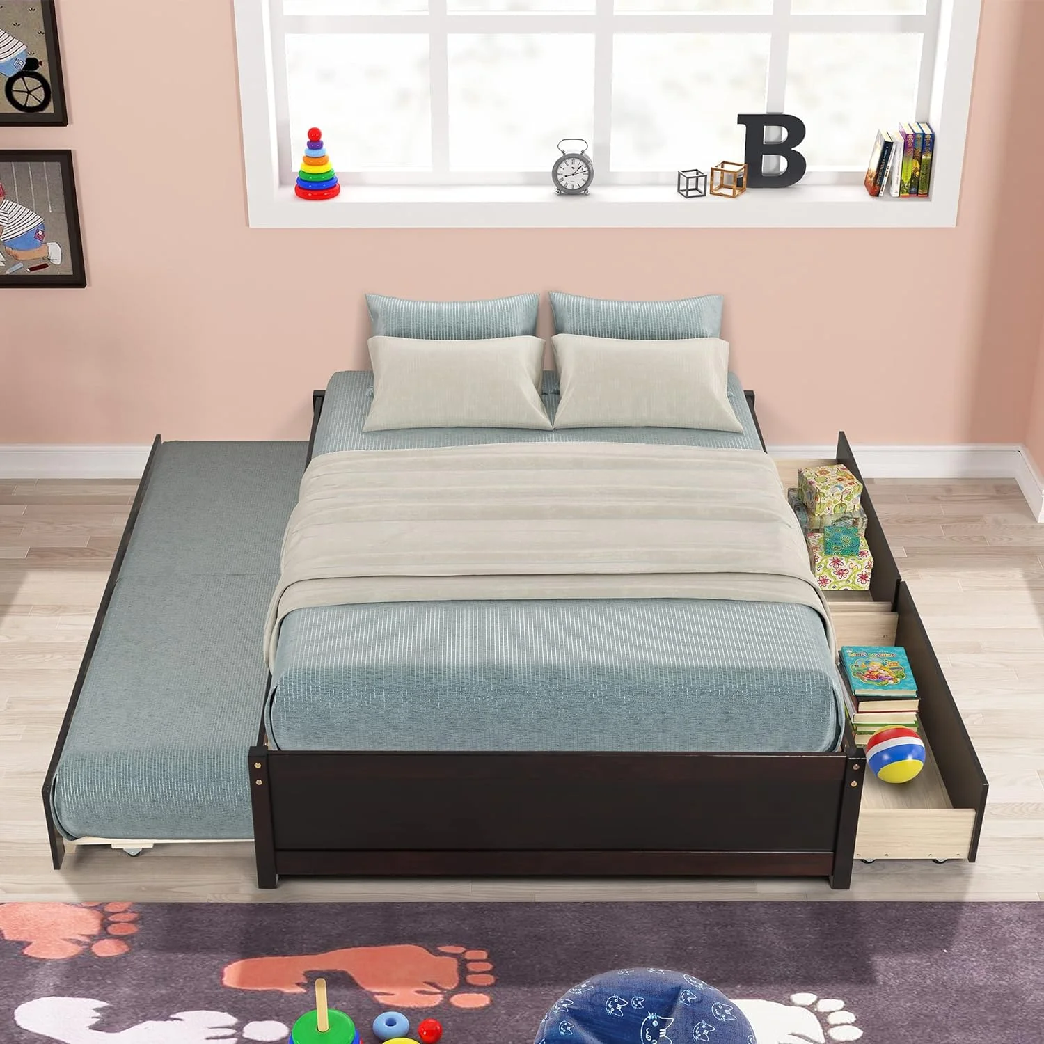 Wood Platform Bed Frame, Full Bed With Trundle And Drawers, Trundle Platform Bed Full Size, Captain Bed With Pull Out Trundle And Storage For Kids Teens And Adults Espresso