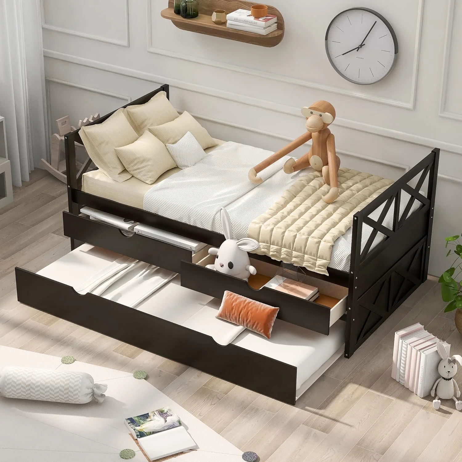 Daybed Wih rudle Ad 2 Sorage Drawers, Wood Moder Sofa Frame Wih Sorage, Wood Sla Suppor For Bedroom,Livig Room (Espresso)
