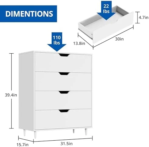 RUNFAYBIU 4 Chest of Drawers Dresser White Dresser with Cutout Handle Modern Dresser Organizer Dresser Drawer Organizers Bedroom Living Room White