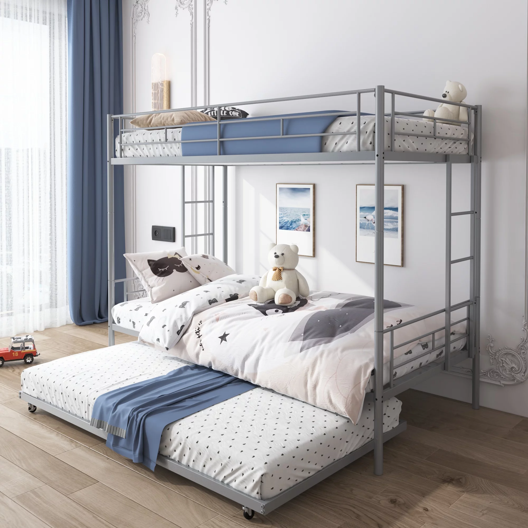 Seizeen Bunk Bed Twin Over Twin Size, Metal Triple Bunk Bed with Trundle, Gray Heavy Duty Bunk Bed Frame Per Bed Up to 400LBS, 2 Side Ladders and All-round Safety Guard Rails