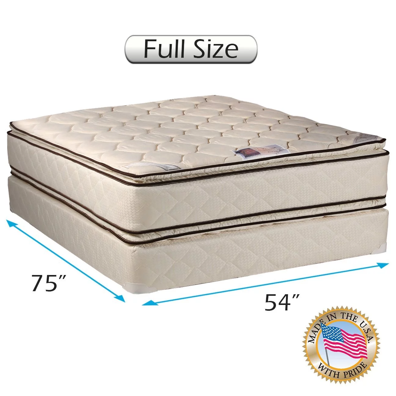 DS USA Coil Comfort Two-Sided PillowTop Mattress Set with Metal Bed Frame - Sleep System with Enhanced Cushion Support, Orthopedic Type, Longlasting (Full 54