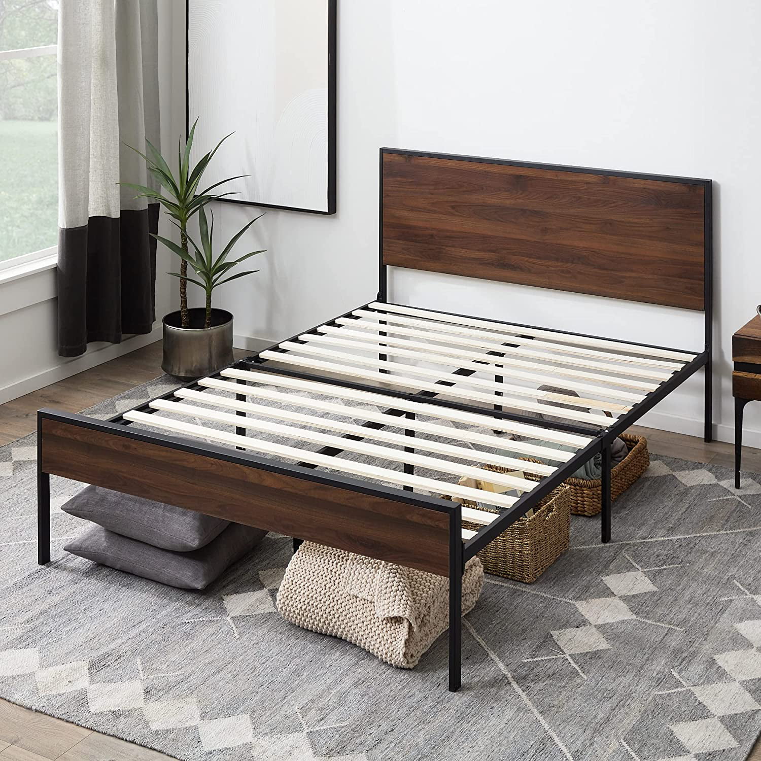 YINCHEN Bed Frame - Metal Platform Bed - Wood Headboard and Footboard - Box Spring Optional, Twin, Brown Oak
