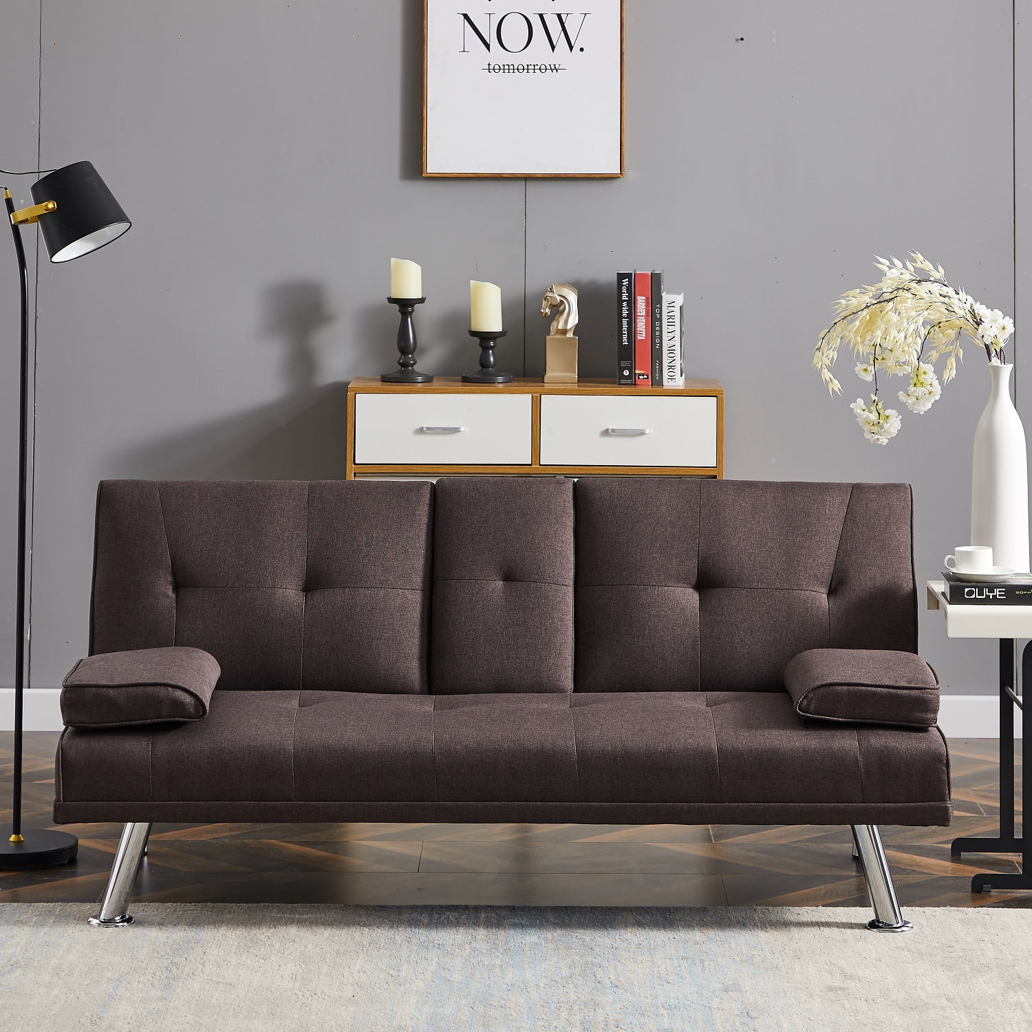 Dubbin Modern Linen Convertible Futon Sofa Bed with Removable Armrests,Metal Legs,and Cupholders - Brown