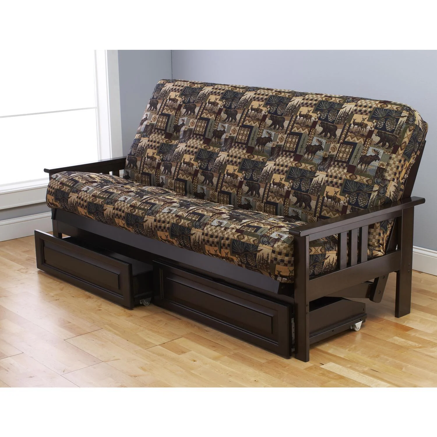 Homestock Suburban Soiree Full Futon Frame with Storage Drawers, Color:Espresso/Maroon