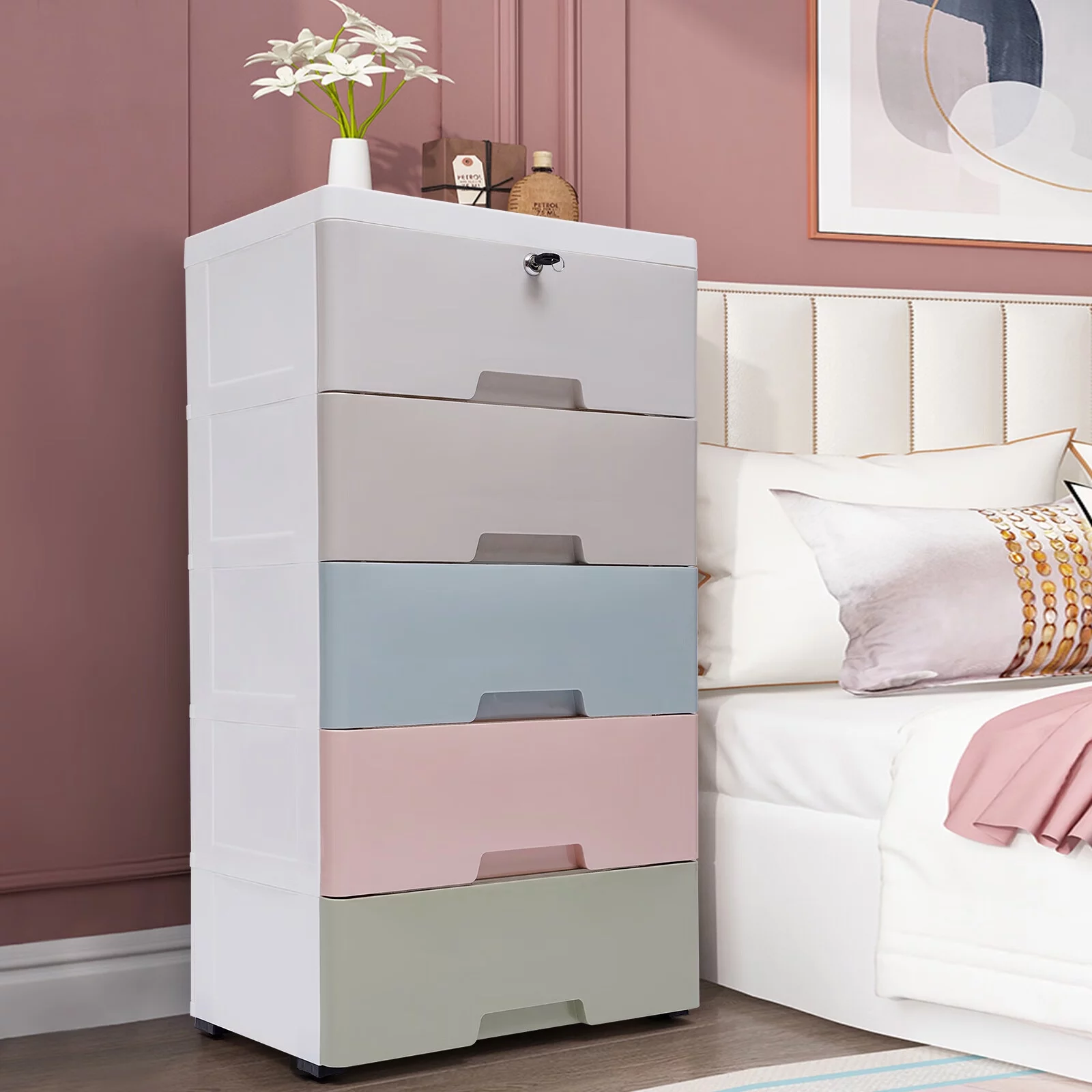 Plastic Drawers Dresser Storage Cabinet Stackable Clothes Storage Tower Movable Organizer with Wheels for Hallway Entryway Bedroom