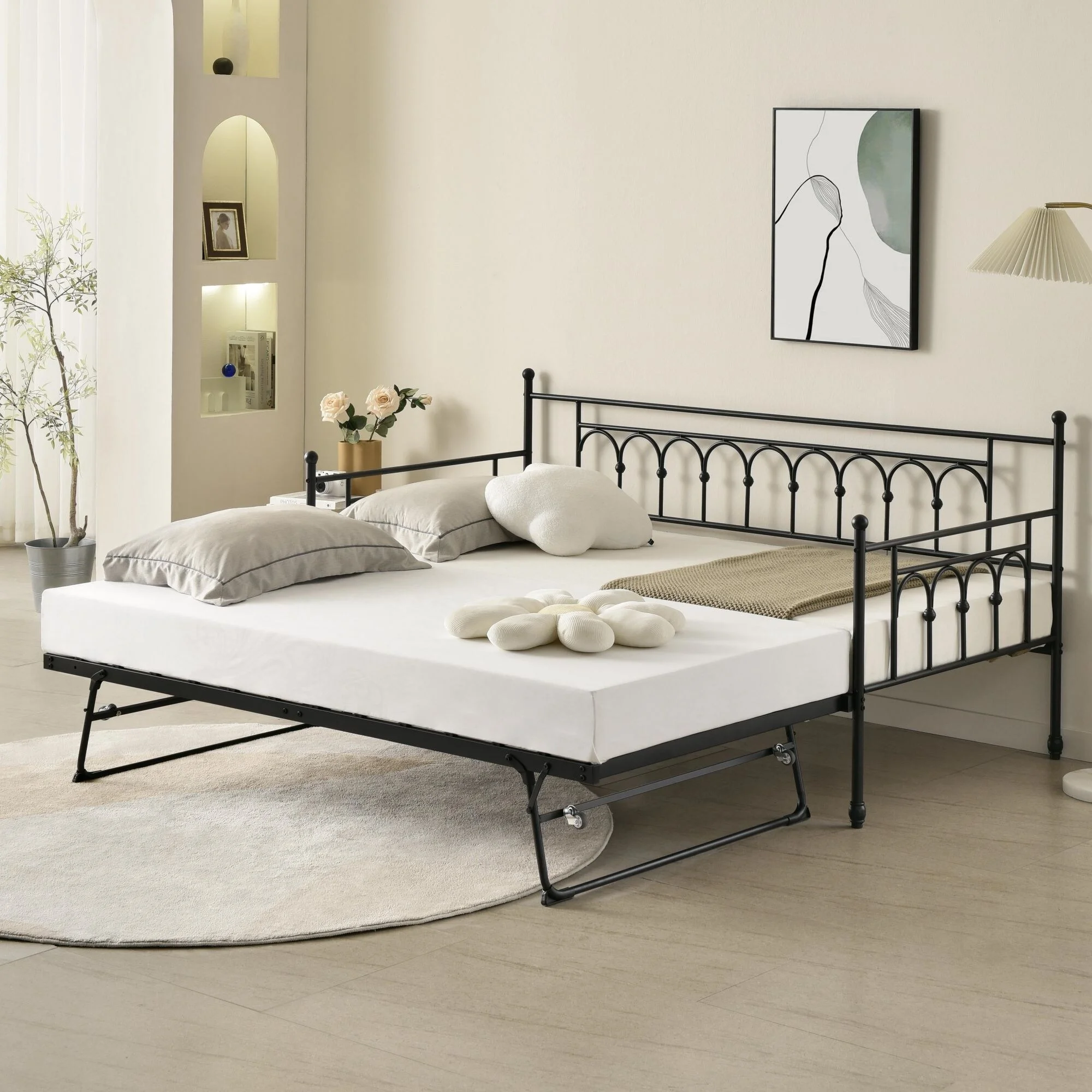FULLJOJOR Arched Metal Daybed Twin Size with Pop Up Trundle Bed Black - Twin