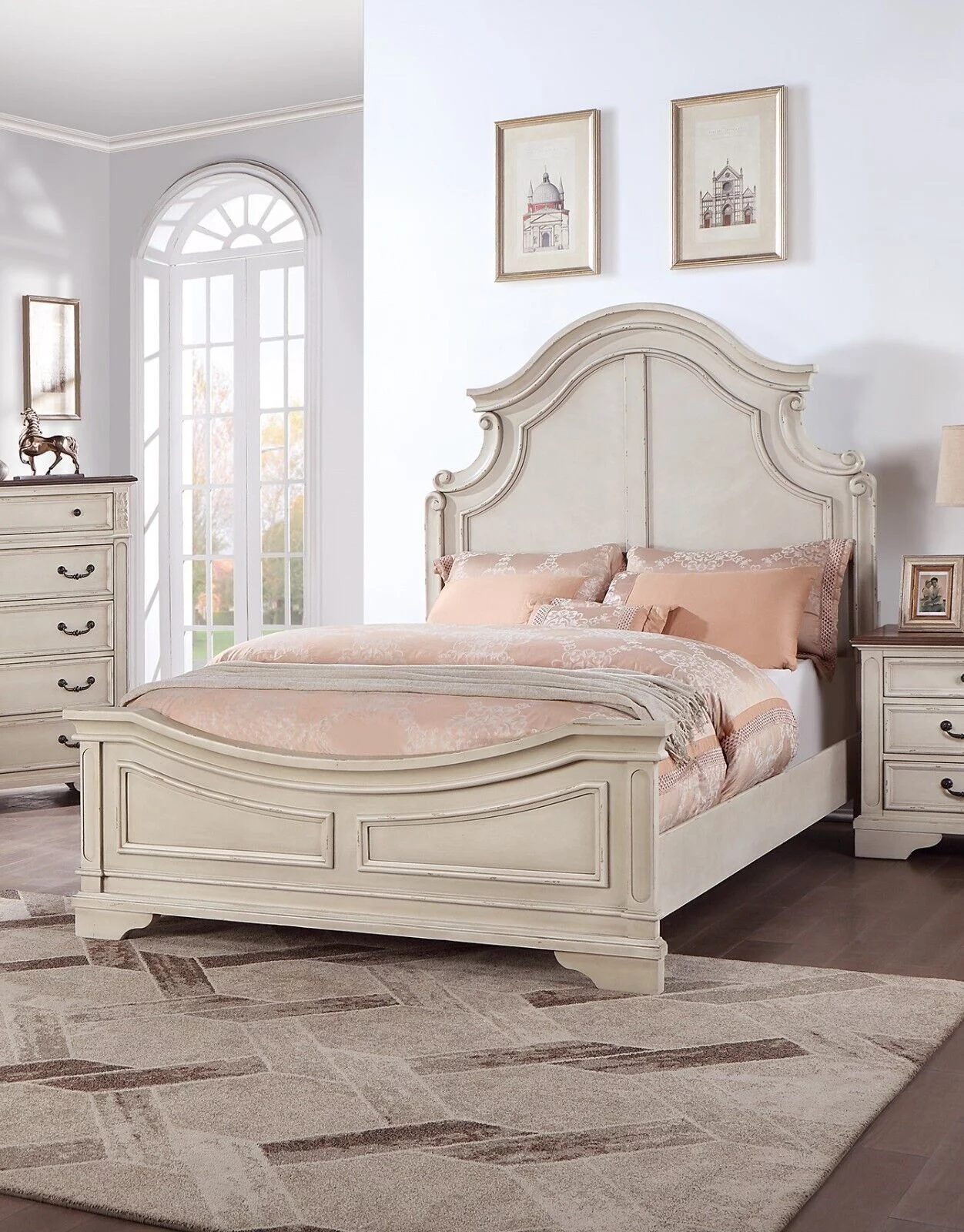 Traditional Look Unique Design Headboard Footboard 1pc Eastern King Size Bed Cream Wood Finish Beautiful Bedroom Furniture