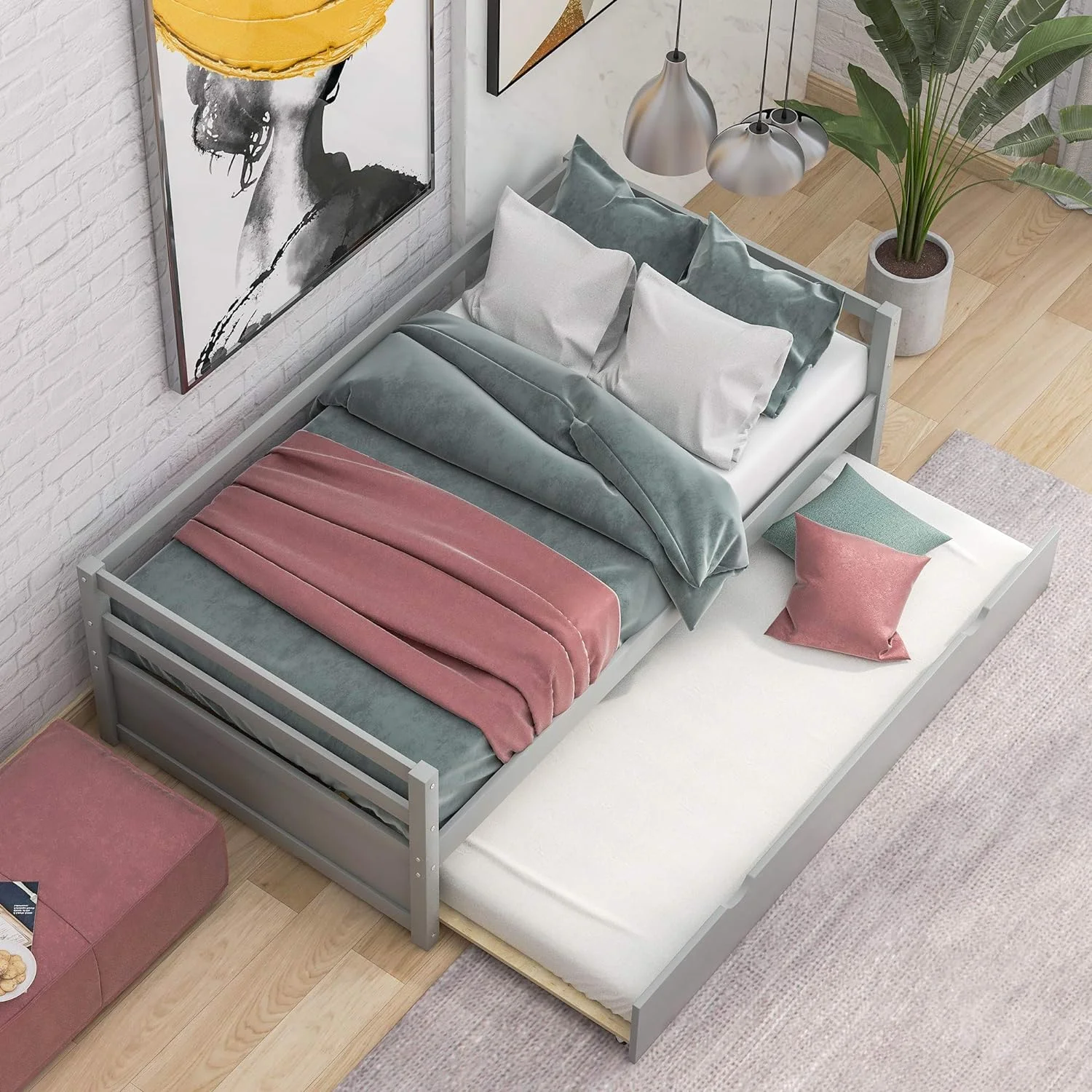 Size Daybed With Trundle, Wooden Daybed Frame Size, For Bedroom Living Room, Gray