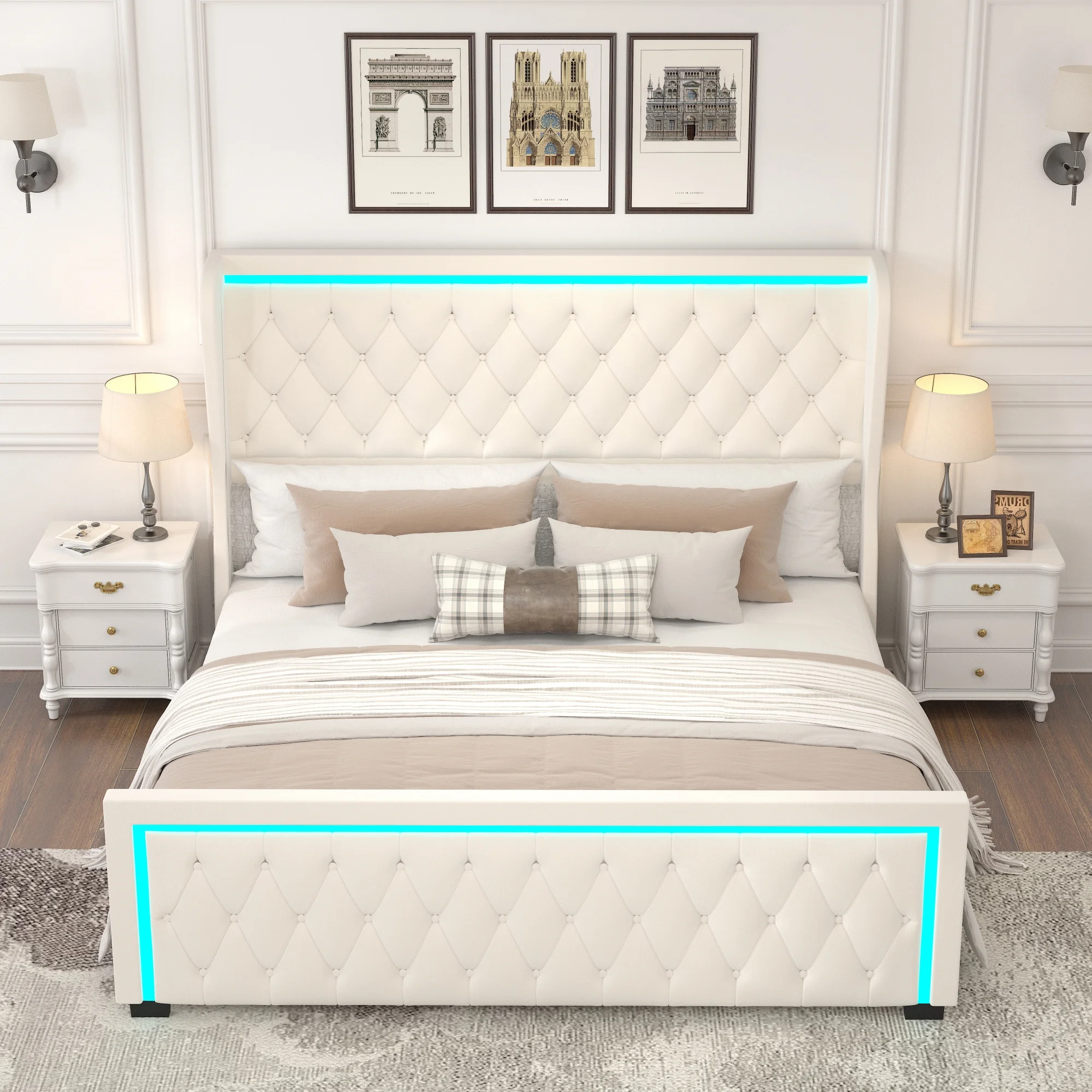 Beige King Platform Bed Frame with Velvet Upholstery, Deep Tufted Buttons, Adjustable Colorful Lighted Strip Decorative Headboard, and Wide Wingbacks