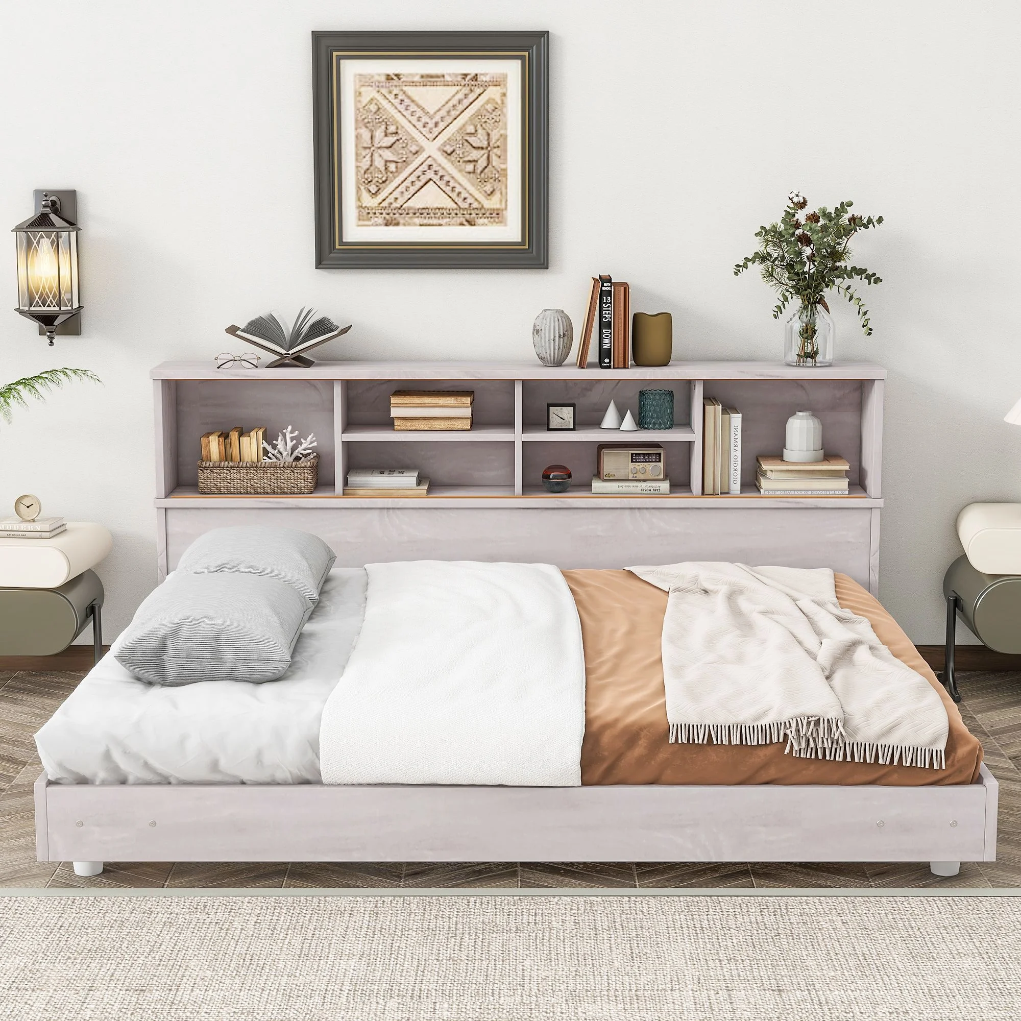 Multi-functional Design Full Size Solid Wood Daybed Bed Frame with Storage Bookcases, Platform Bed Frame, Mid Century Bedframe, Wood Foundation(White Oak, Full)