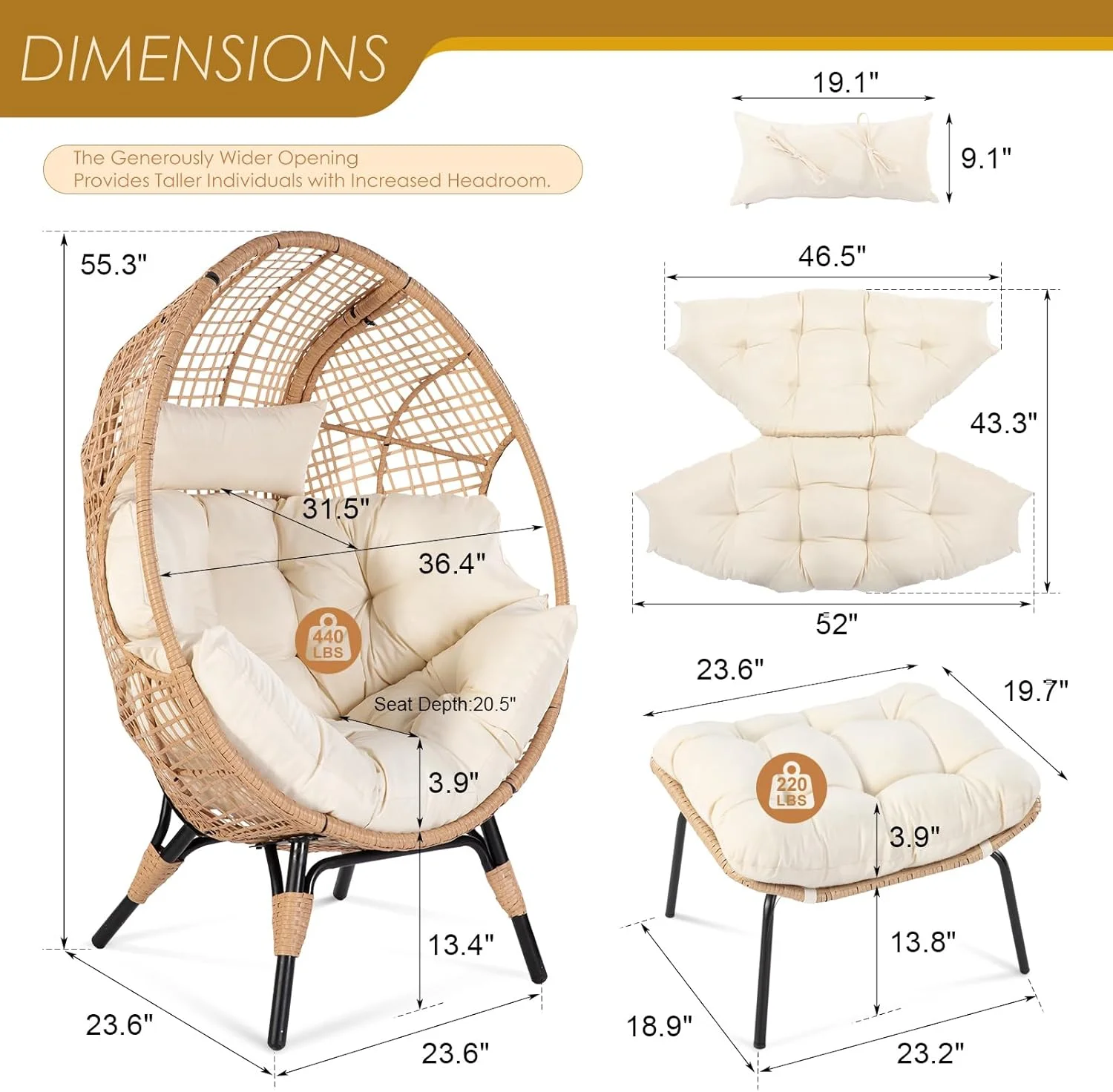 NICESOUL Beige Oversized Wicker Egg Chair with Legs and Ottoman Outdoor Indoor Large Egg Basket Lounge Chair with Footstool for Bedroom Patio Balcony Front Porch Garden