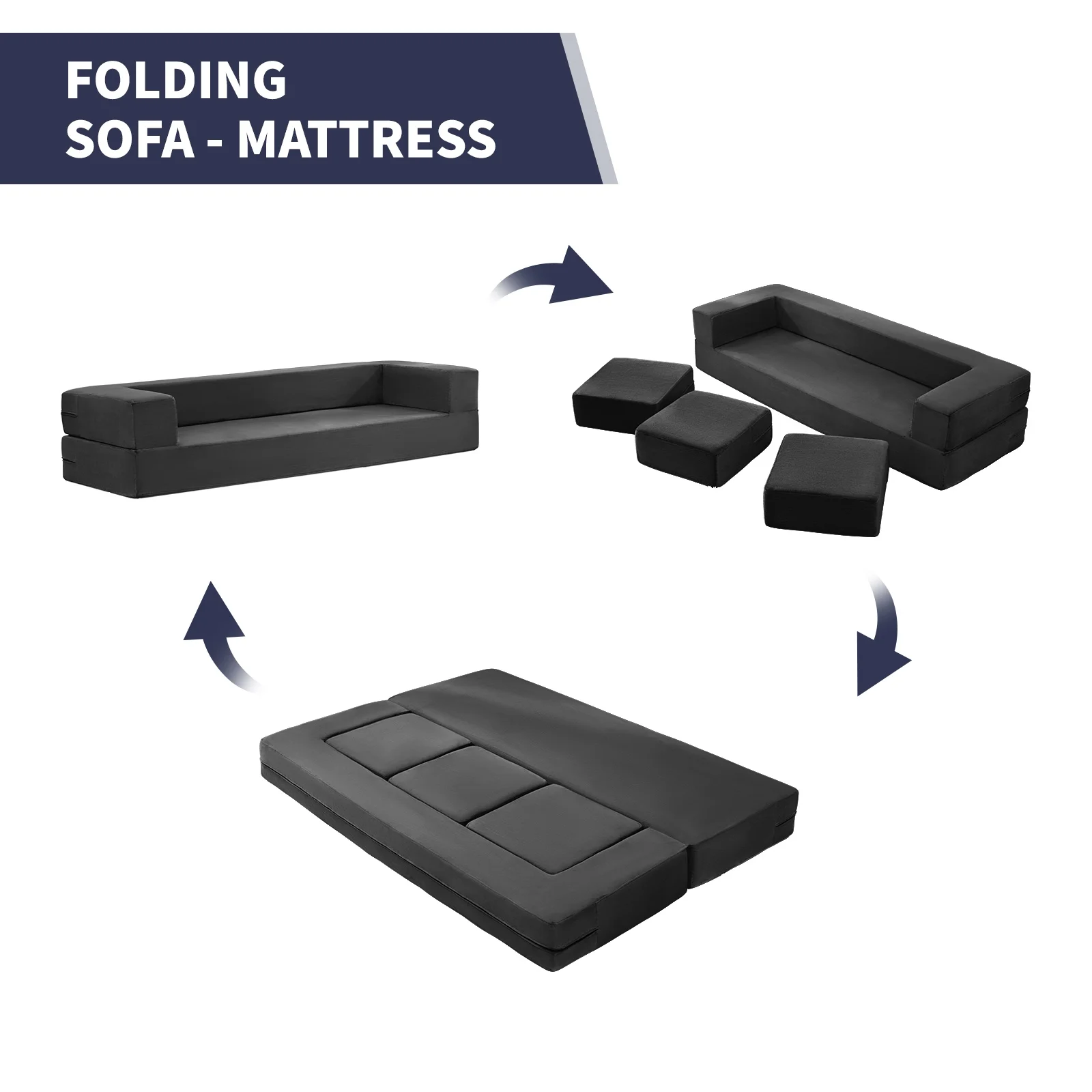 ijuicy Foldable Sleeper Sofa Bed Queen Size, Convertible Futon Couch Bed with 3 Ottomans, Fold Out Futon Sofa Bed with Memory Foam Mattress, Queen Size Floor Couch, Dark Grey