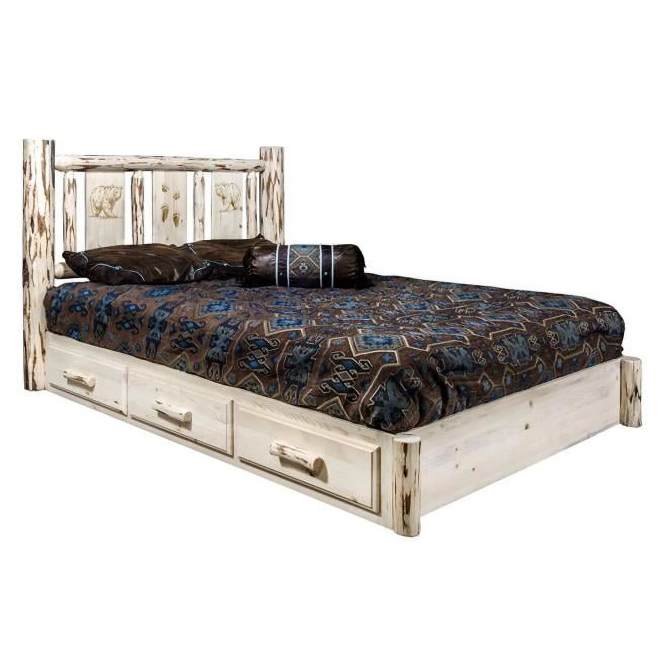Montana Platform Bed with Storage, King with Laser Engraved Bear Design