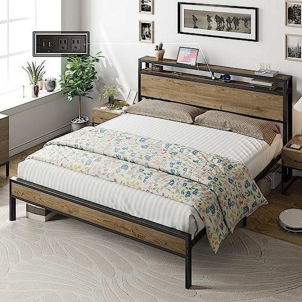 YZboomLife Queen Size Bed Frame Industrial Platform Bed with Charging Station 2-Tier Headboard/No Box Spring Needed/Noise-Free/Dark Brown