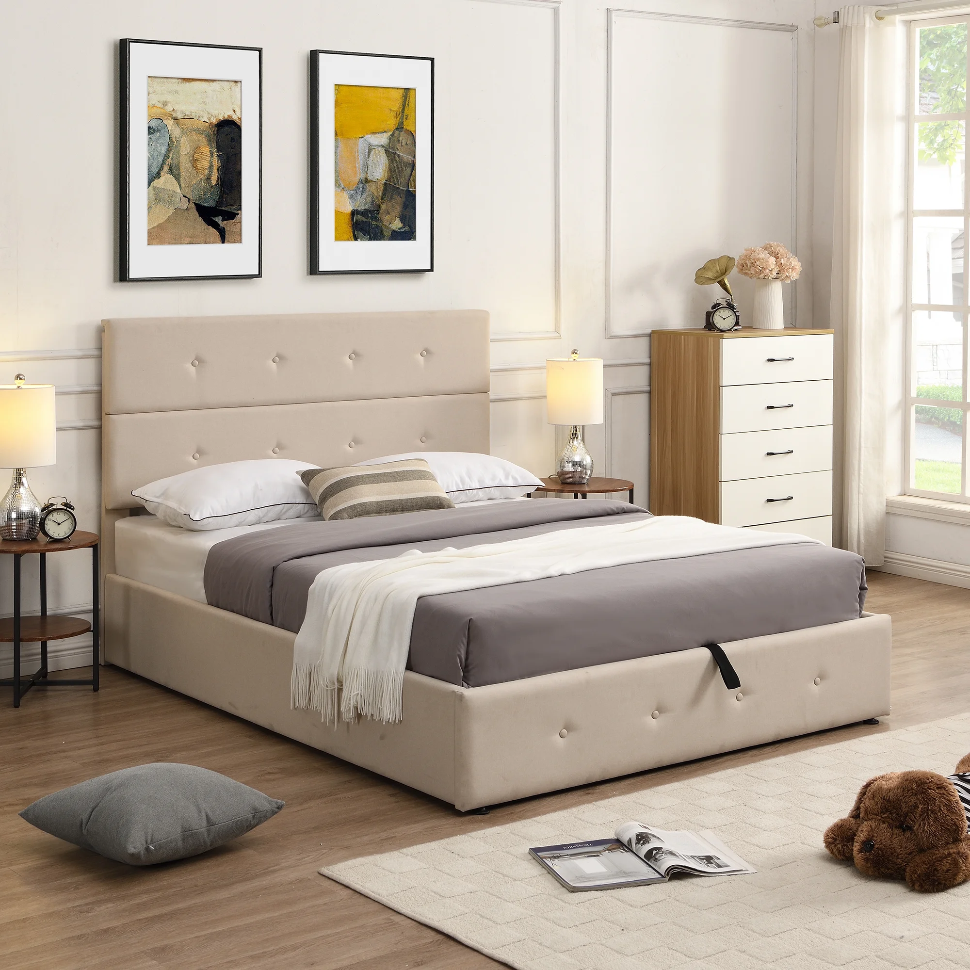 Full Size Upholstered Platform Bed Frame with Underneath Storage, Modern Upholstered Platform Bed with Headboard, Heavy Duty Bed Frame with Wood Slat Support