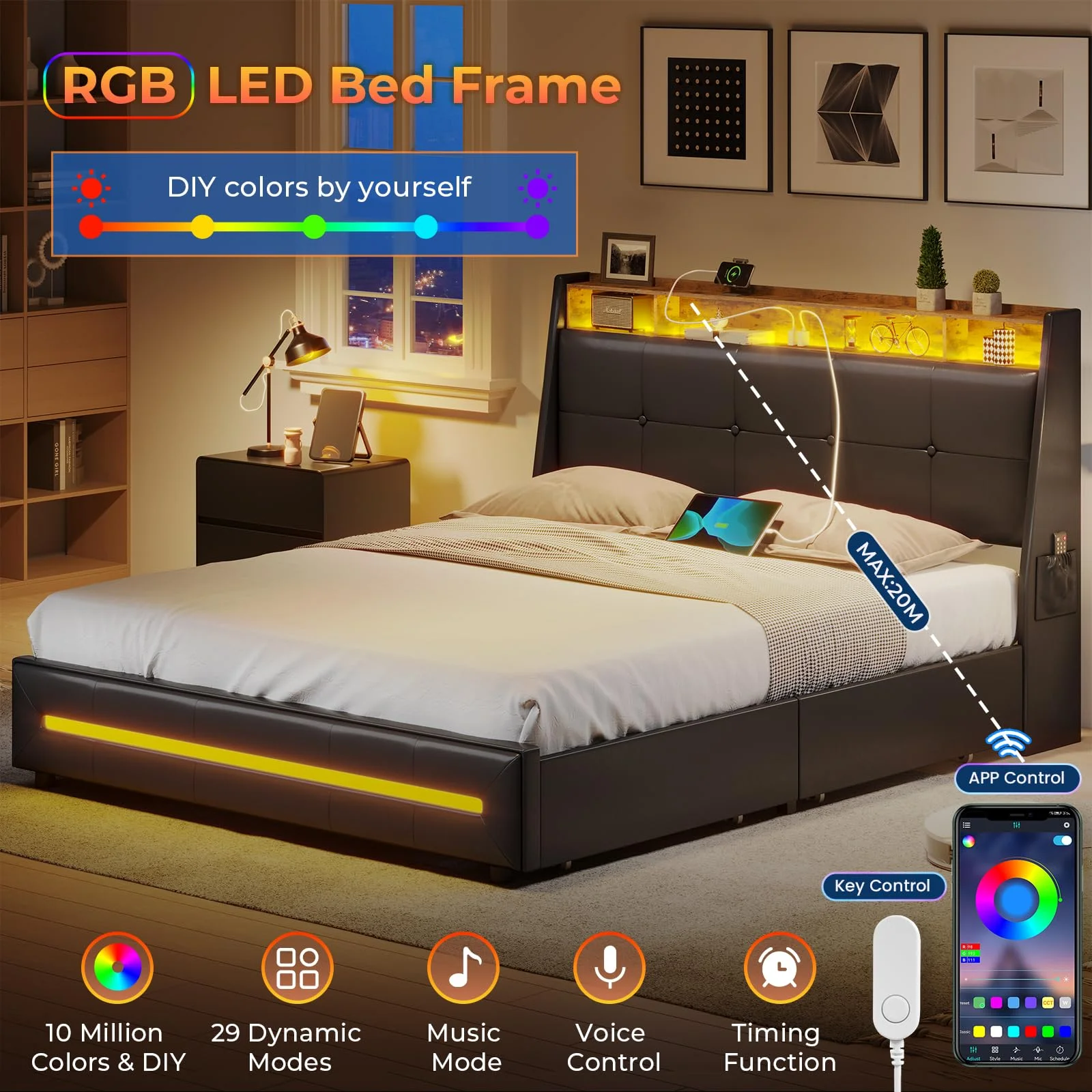 ADORNEVE Queen Platform Bed Frame with Charging Station, LED Upholstered Headboard and Footboard, Storage Bed with 4 Drawers, No Box Spring Needed, Black