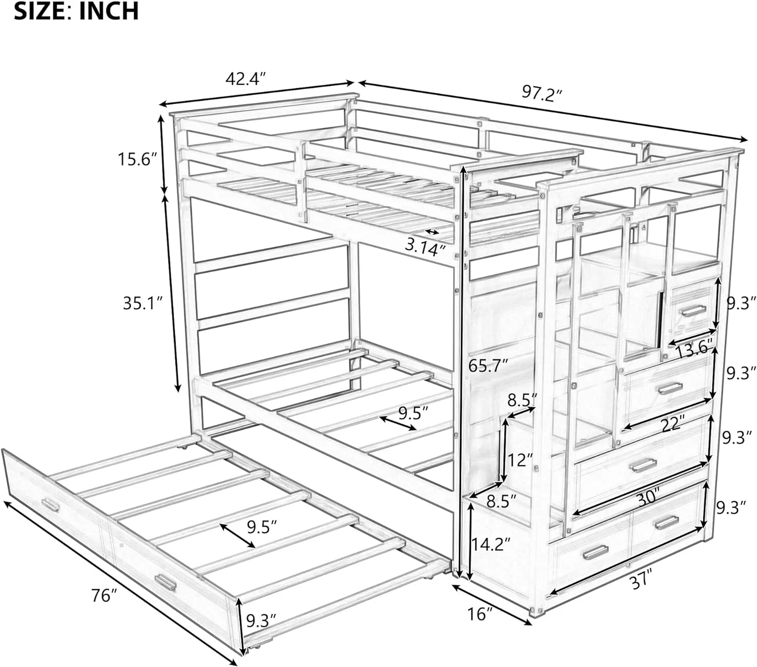 Solid Wood Over Bunk Bed, Trundle Bunk Beds With 4 Storage Drawers, Staircase And Safety Guard Rail, No Box Spring Needed (Espresso)