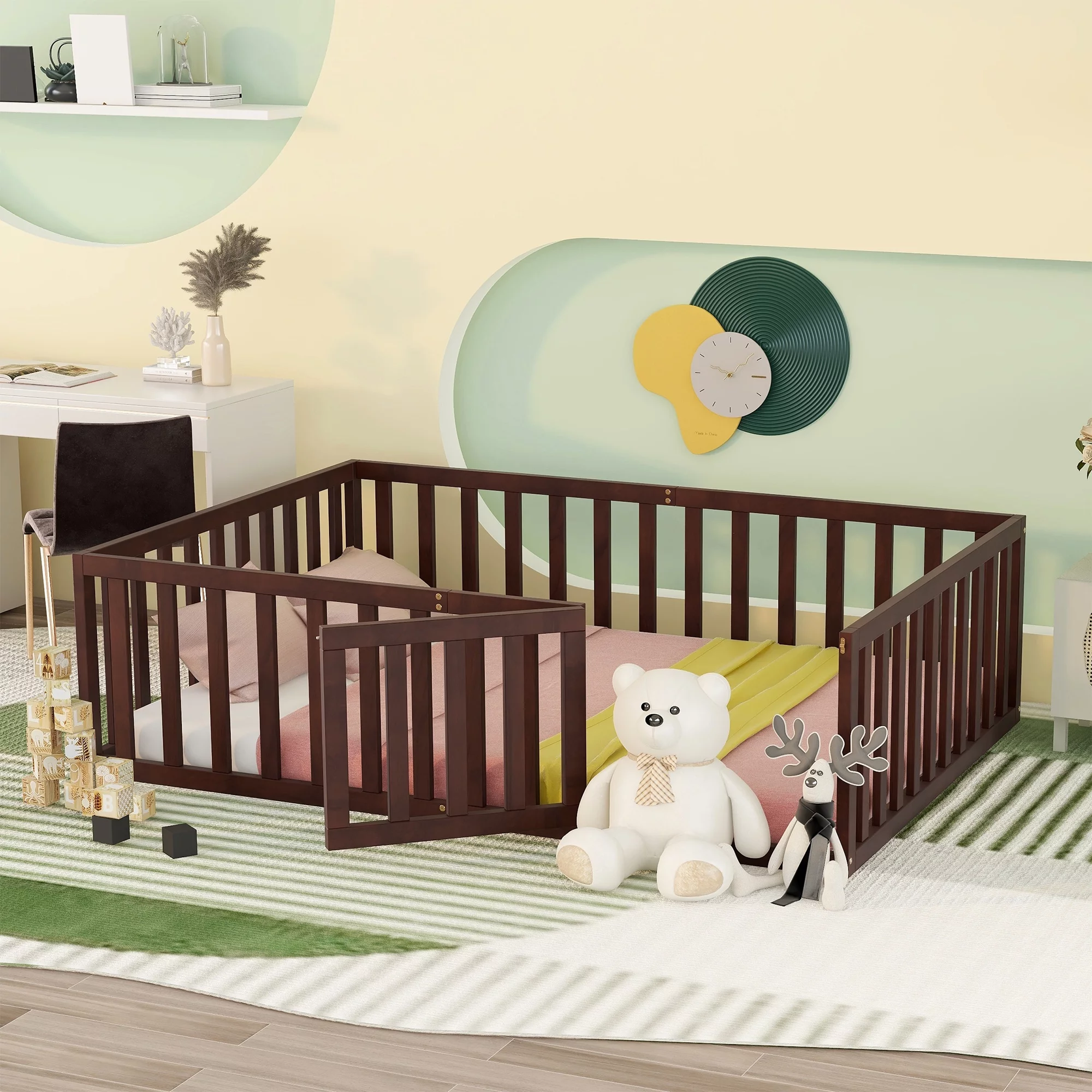 SYNGAR Wood Toddler Bed with Fence and Door, Kids White Twin Size Platform Bed Frame Solid Pine Wood for Girls Boys Bedroom, Walnut