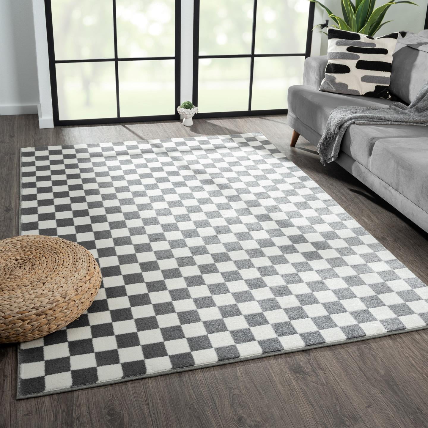 Luxe Weavers Checkered Gray and White 8x10 Geometric Abstract Area Rug