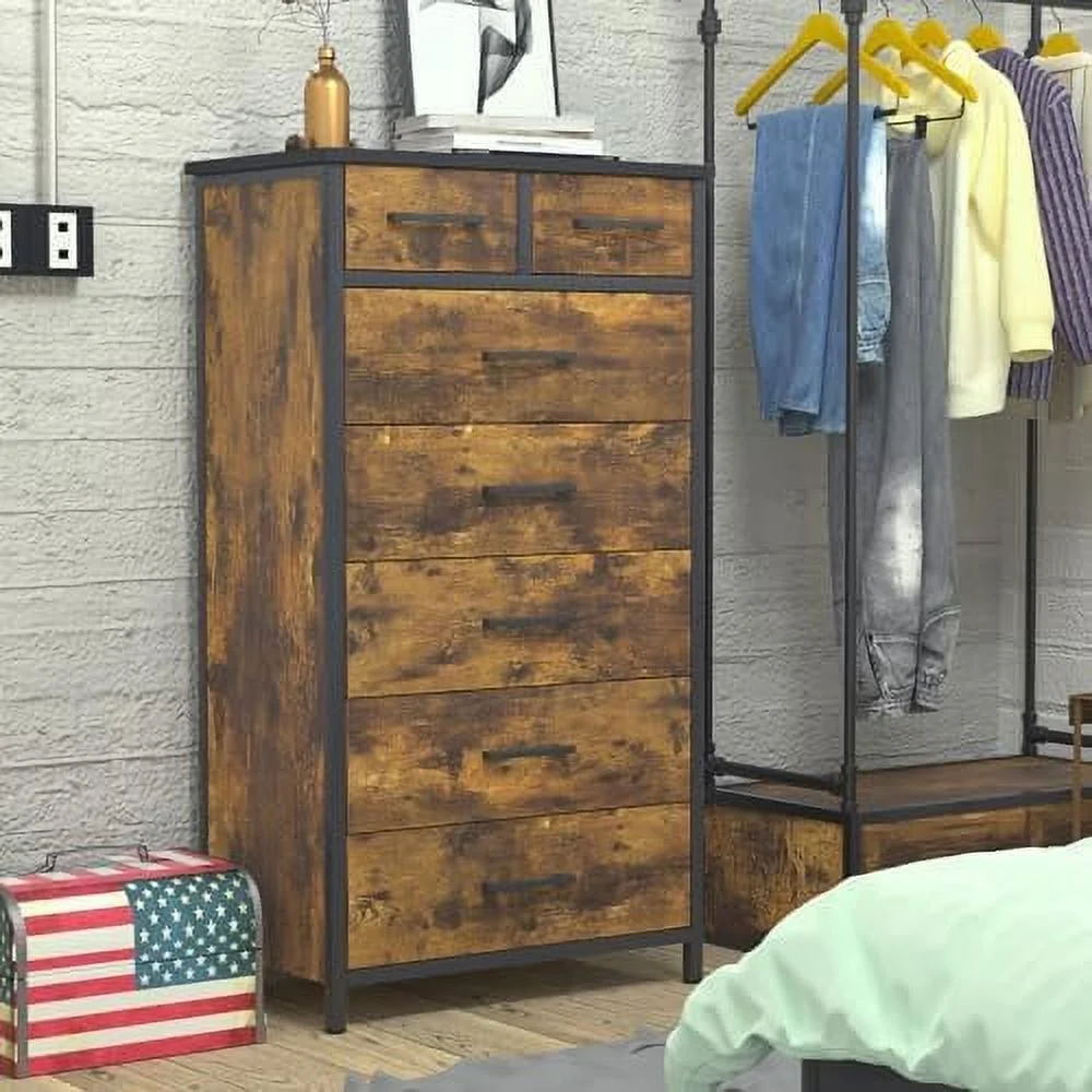 7 Drawer White Dresser Industrial Wood Dresser for Bedroom Sturdy Steel Frame Dresser for Bedroom